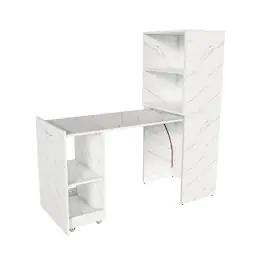 Glintex - Stretchable Office Desk with Storage Shelves and Wheels, Foldable Computer Desk for Small Apartment and Office Use - White Marble