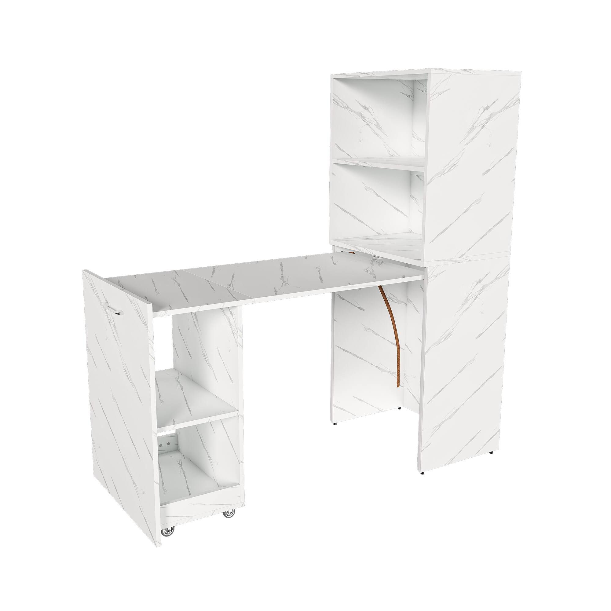 Front. Glintex - Stretchable Office Desk with Storage Shelves and Wheels, Foldable Computer Desk for Small Apartment and Office Use - White Marble.