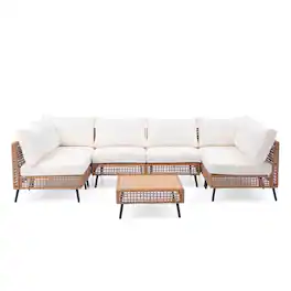 Yardgrace - 7 Pieces Outdoor Sectional Sofa Set PE Wicker Rattan Patio Conversation Set with Cushions - Beige