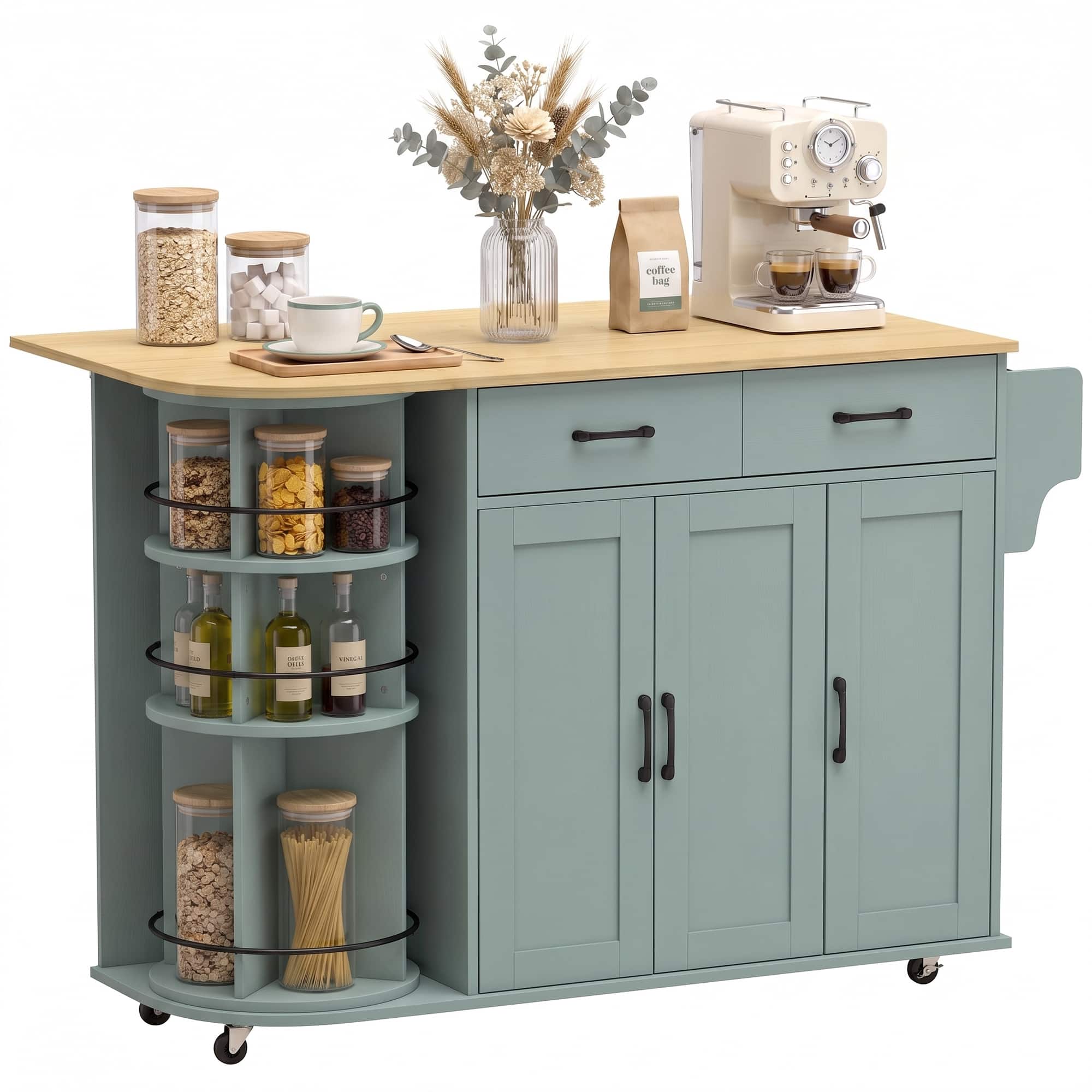 Homcom - Kitchen Island with Power Outlet and Drop Leaf, Kitchen Cart on Wheels with 360° Rotating Rack - Sage green price history on PriceWatchPro