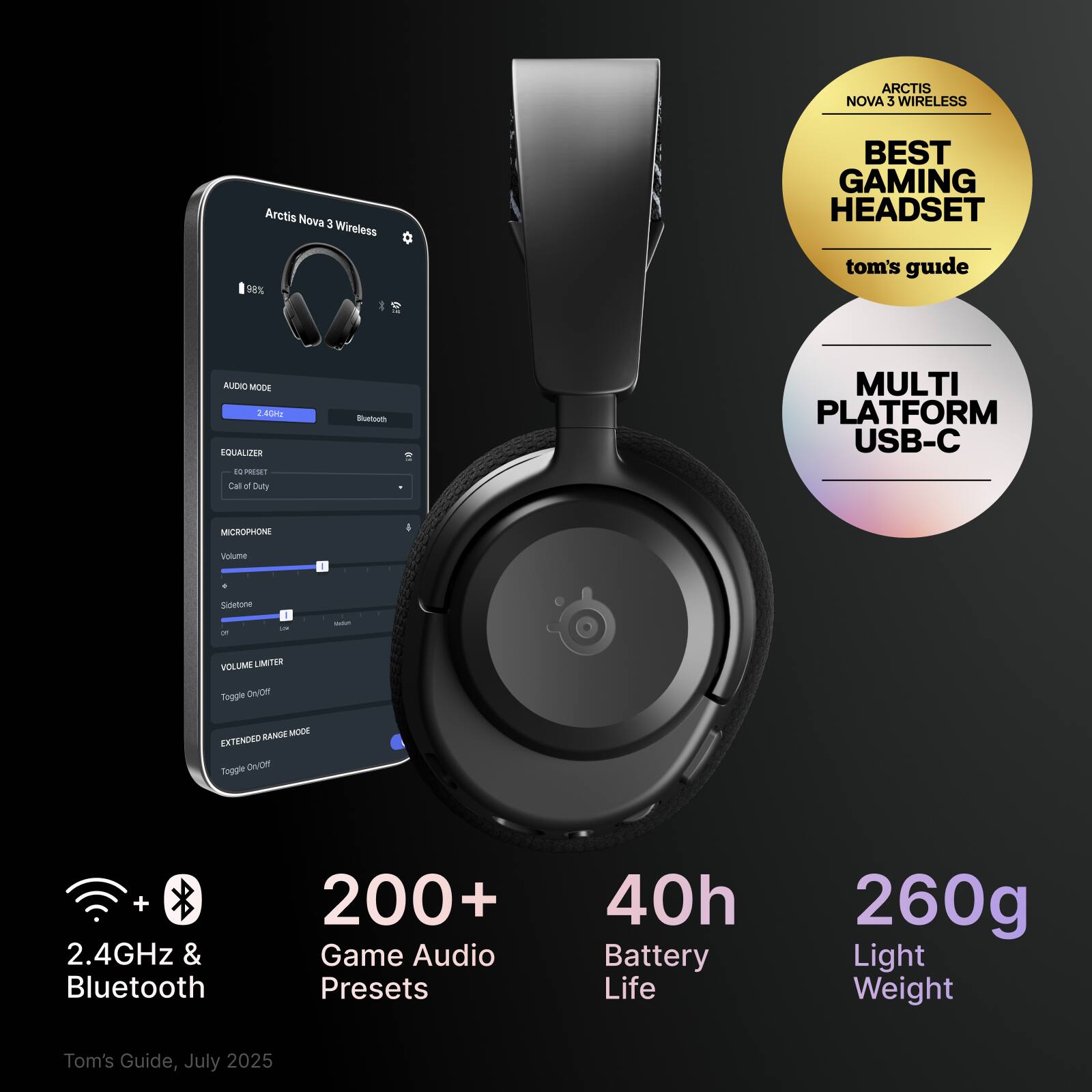 ARCTIS NOVA 3 WIRELESS  
Aretis Nova 3 Wireless  
3% BEST GAMING HEADSET  
tom's guide  
AUDIO MODE 1  
EH! EQUALIZER 1  
PENT Can a Duity  
Bluetooth  
MULTI PLATFORM USB-C  
MICROPHONE  
Volume - SideTone - - - VOLUME LIMITER Toggle ON/Off  
RANGE MODE EXTENDED Toggle ON/Off  
+ 2.4GHz & Bluetooth  
200+ Game Audio Presets  
40h Battery Life  
260g Light Weight  
Tom's Guide, July 2025
