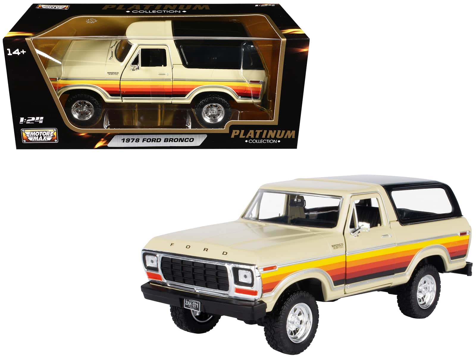 1978 Ford Bronco Custom with Stripes and Black Top "Platinum Collection" Series 1/24 Diecast Model Car by Motormax - Cream