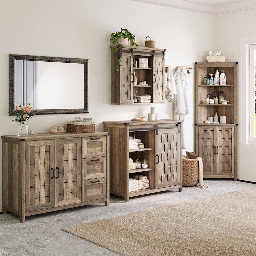 Left. Caffoz - 31" Farmhouse Wall-Mounted Medicine Cabinet with Sliding Barn Door - Light Brown.