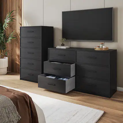 Front. GOODSILO - Modern 6-Drawer Fabric Dresser with Water-Resistant Wood Top for Bedroom Storage - Black.