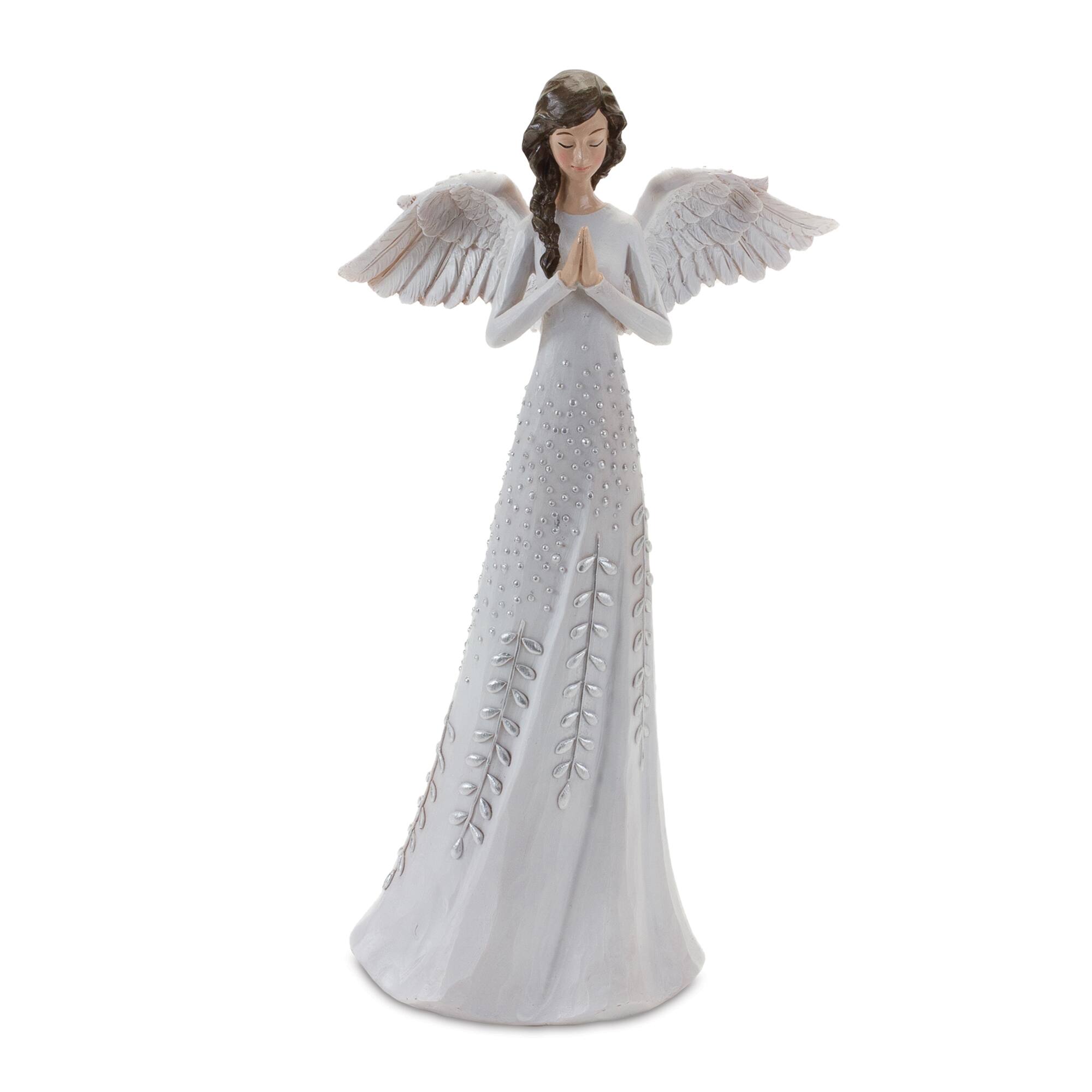 Back. BreeBe - Angel Figurine with Silver Floral Accent (Set of 2) - White, Silver.