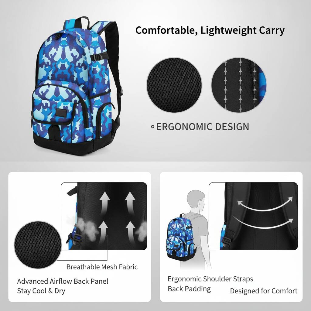 Comfortable, Lightweight Carry

ERGONOMIC DESIGN

- Breathable Mesh Fabric
- Advanced Airflow Back Panel
- Stay Cool & Dry
- Ergonomic Shoulder Straps
- Back Padding
- Designed for Comfort
