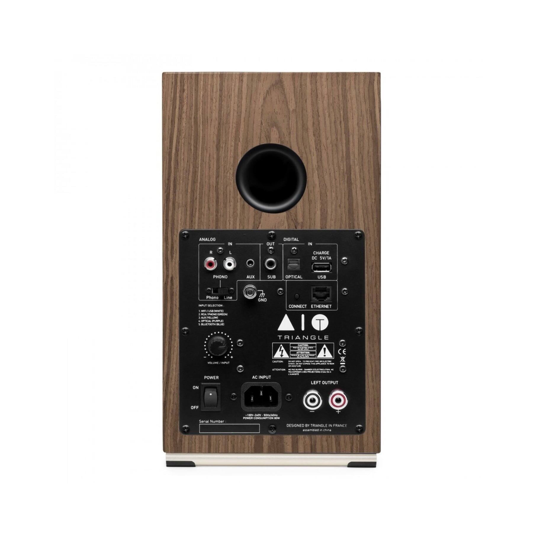 Sure, here is the corrected and grouped text from the image:

---

**ANALOG IN**
- R
- L

**DIGITAL IN**
- PHONO
- AUX
- OPTICAL
- USB

**OUTPUT**
- PHONO
- LINE

**INPUT SELECTION**
- PHONO
- LINE
- AUX
- OPTICAL
- USB

**VOLUME / INPUT**

**POWER**
- ON
- OFF

**AC IN**

**CHARGE DC 5V/1A**

**CONNECT ETHERNET**

**TRIANGLE**

**LEFT OUTPUT**

**DESIGNED BY TRIANGLE IN FRANCE**

**Serial Number:**

**POWER CONSUMPTION**

**CE**

**Warning:**
- Risk of electric shock
- Do not expose to rain or moisture
- Do not use near water
- Do not block ventilation openings
- Keep away from heat sources

---

This text is organized based on the layout and labels on the device.