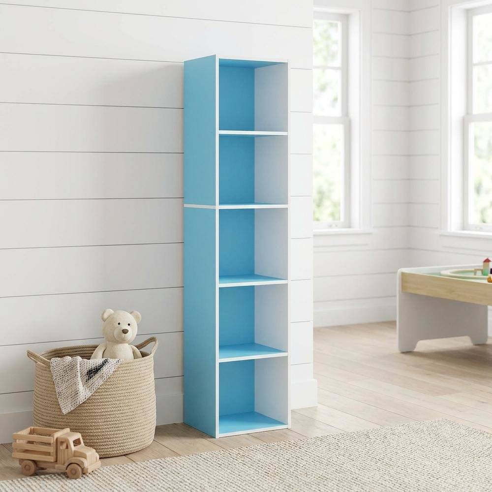 Angle. FurniFact - Light Blue Wood 5-Tier Open Bookcase with Spacious Shelves for Storage - Light Blue/White.