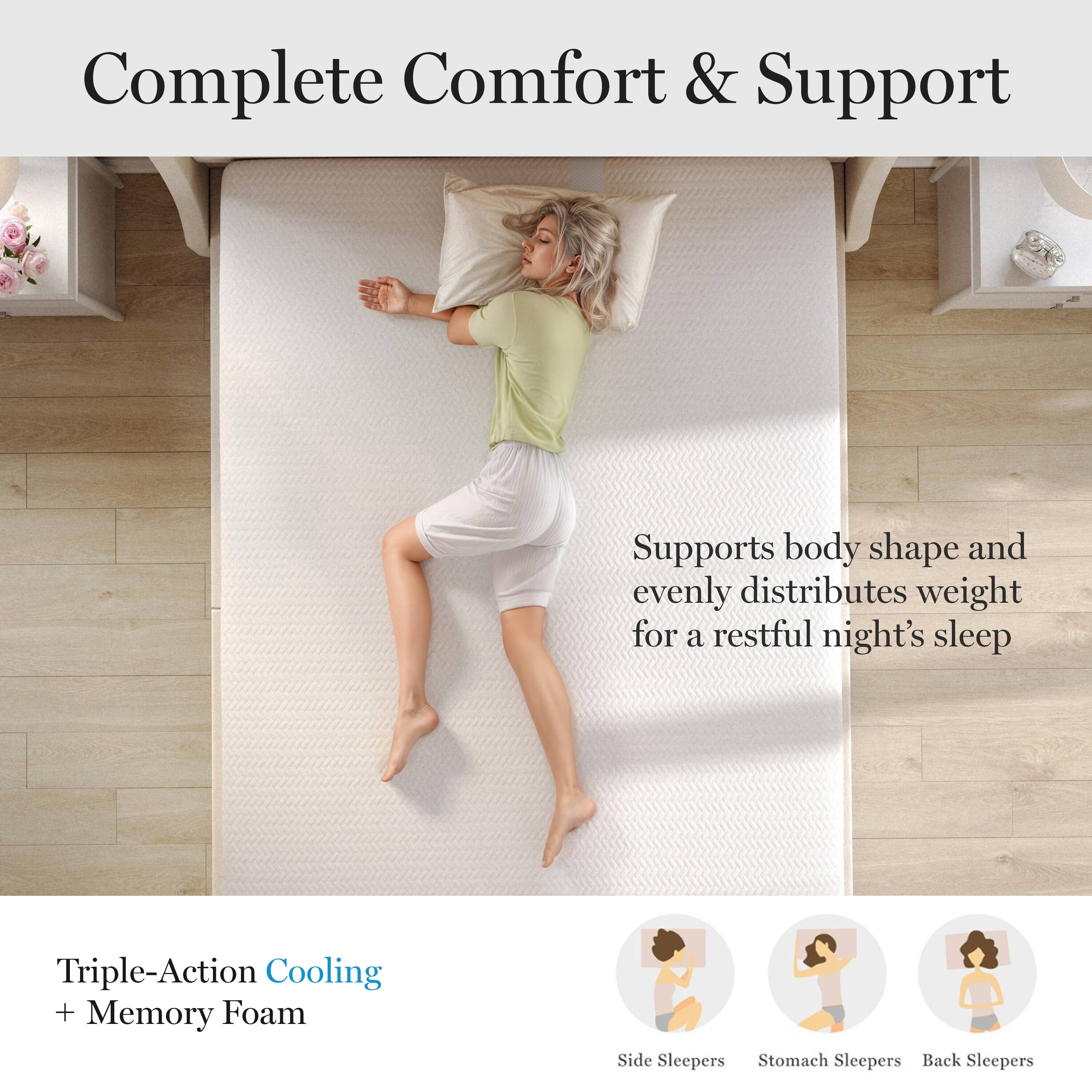 Complete Comfort & Support: Supports body shape and evenly distributes weight for a restful night's sleep. Triple-Action Cooling + Memory Foam: Side Sleepers, Stomach Sleepers, Back Sleepers.