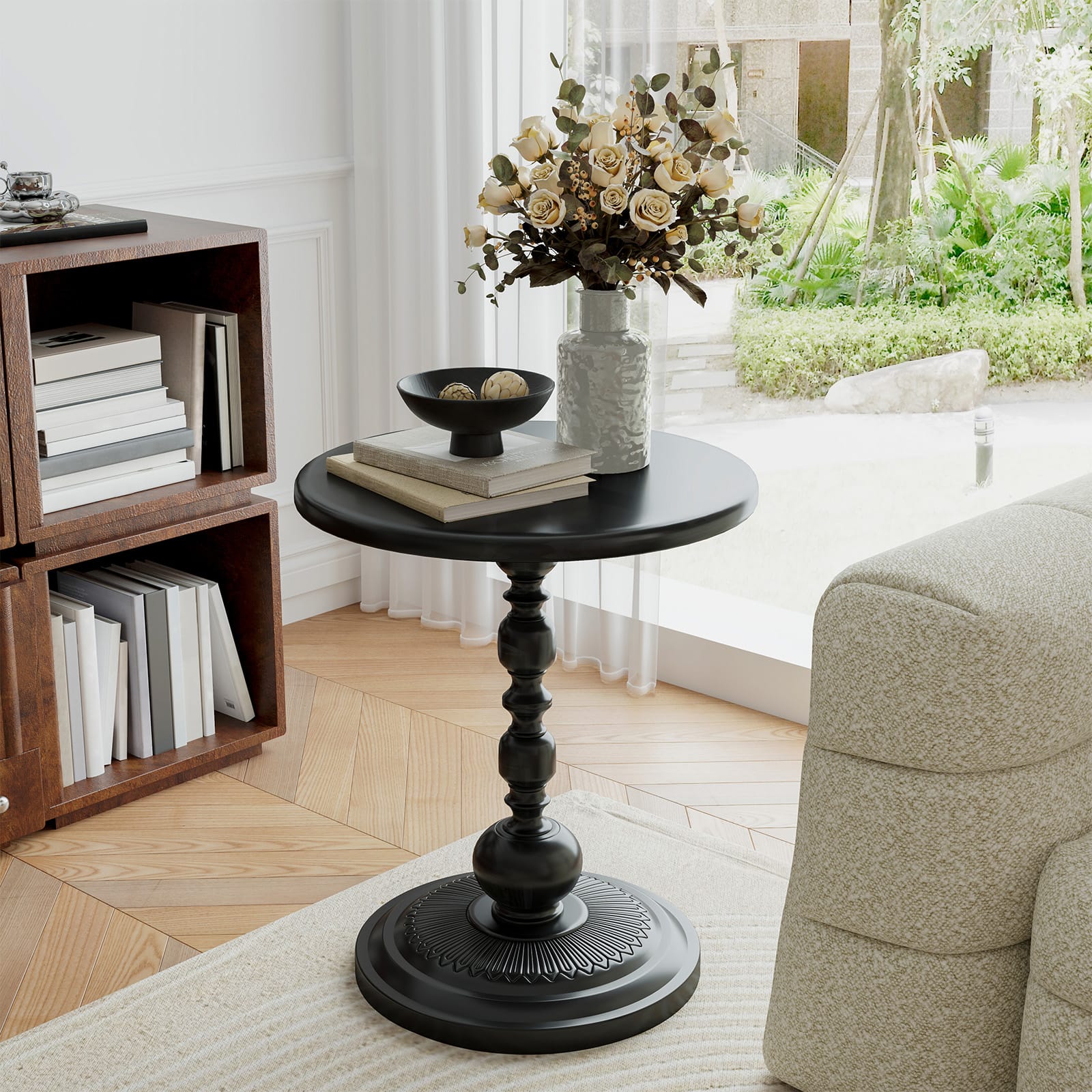 Pinmoco - 16" Small Side Table, Wood and Metal End Table, Vintage Nightstand and Bedside Table for Living Room Bedroom - Black