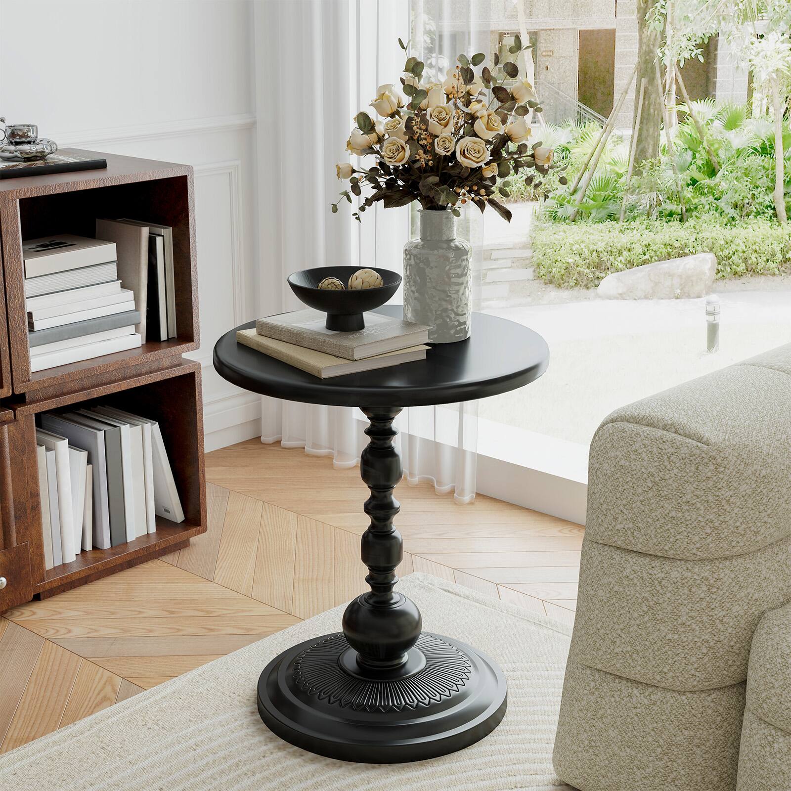 Front. Pinmoco - 16" Small Side Table, Wood and Metal End Table, Vintage Nightstand and Bedside Table for Living Room Bedroom - Black.