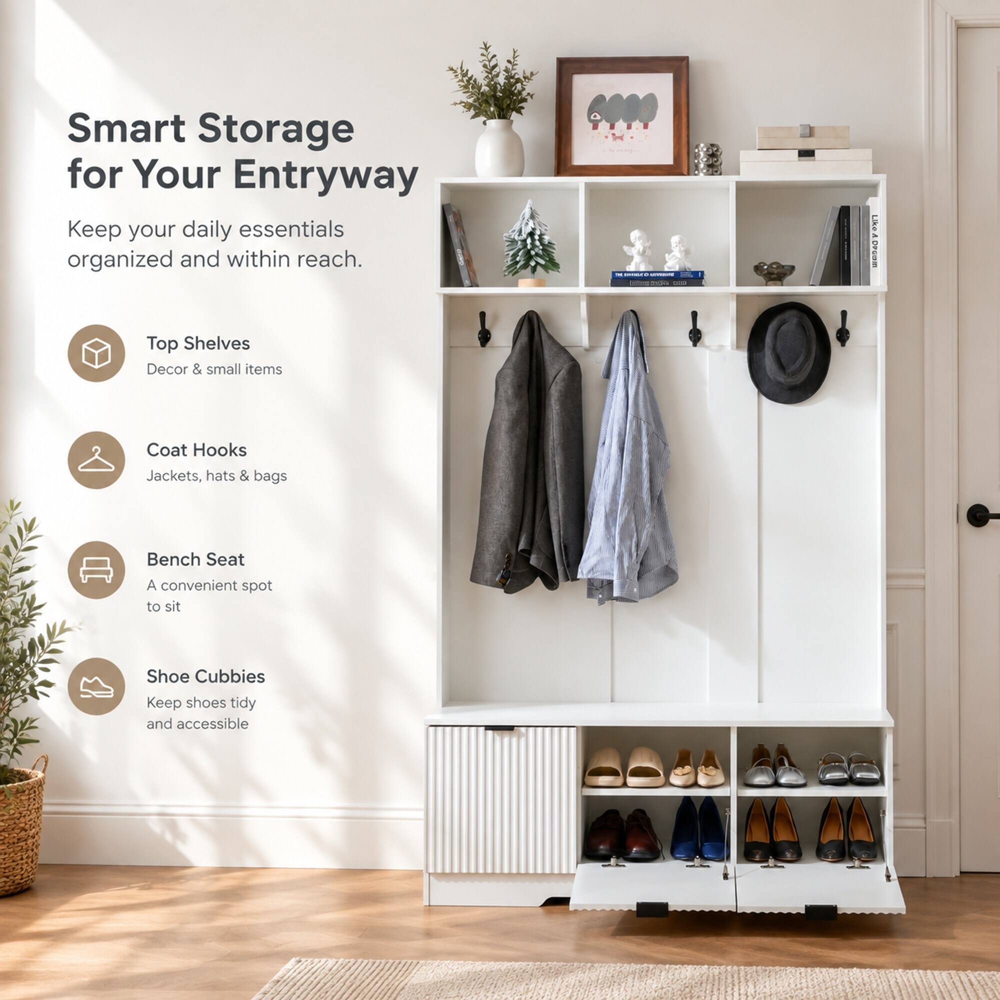 RYHNUYNE 49.6 in 5 in 1 Hall Tree, Entryway Bench, Shoe Storage, 3 Open ...