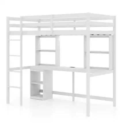 Front. Costway - Costway Twin Loft Bed with LED Light & Power Outlet Desk Storage Shelves & Cabinet - White.