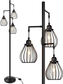 Nordic Hygge - Industrial Tree Floor Lamp for Living Room, with 3 Elegant Teardrop Cage Heads & ST58 Edison LED Bulbs, Sturdy Base - Black