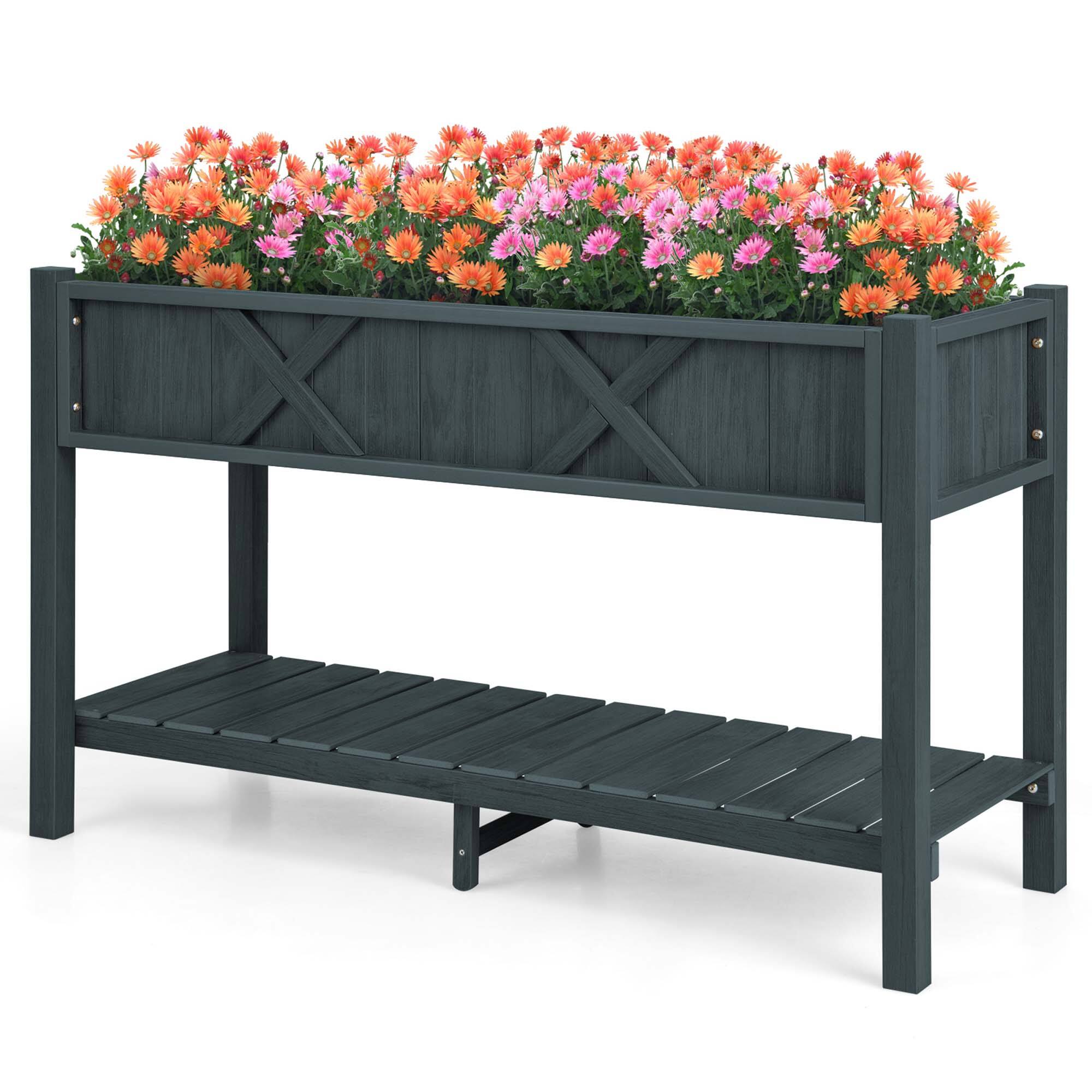 Costway - HIPS Raised Garden Bed Poly Wood Elevated Planter Box with Legs, Storage Shelf - Black