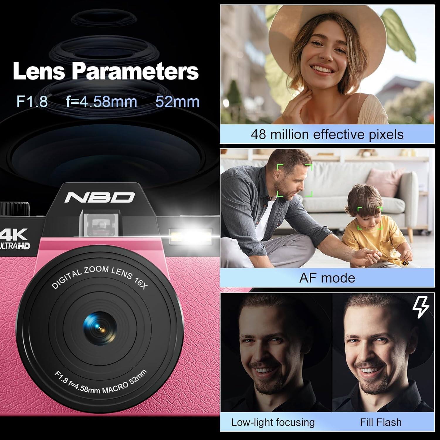 Lens Parameters: F1.8, f=4.58mm, 52mm

48 million effective pixels

NBD

4K ULTRAHD ZOOM LENS DIGITAL 16X

AF mode

F1.8, f=4.58mm, 52mm MACRO

Low-light focusing

Fill Flash