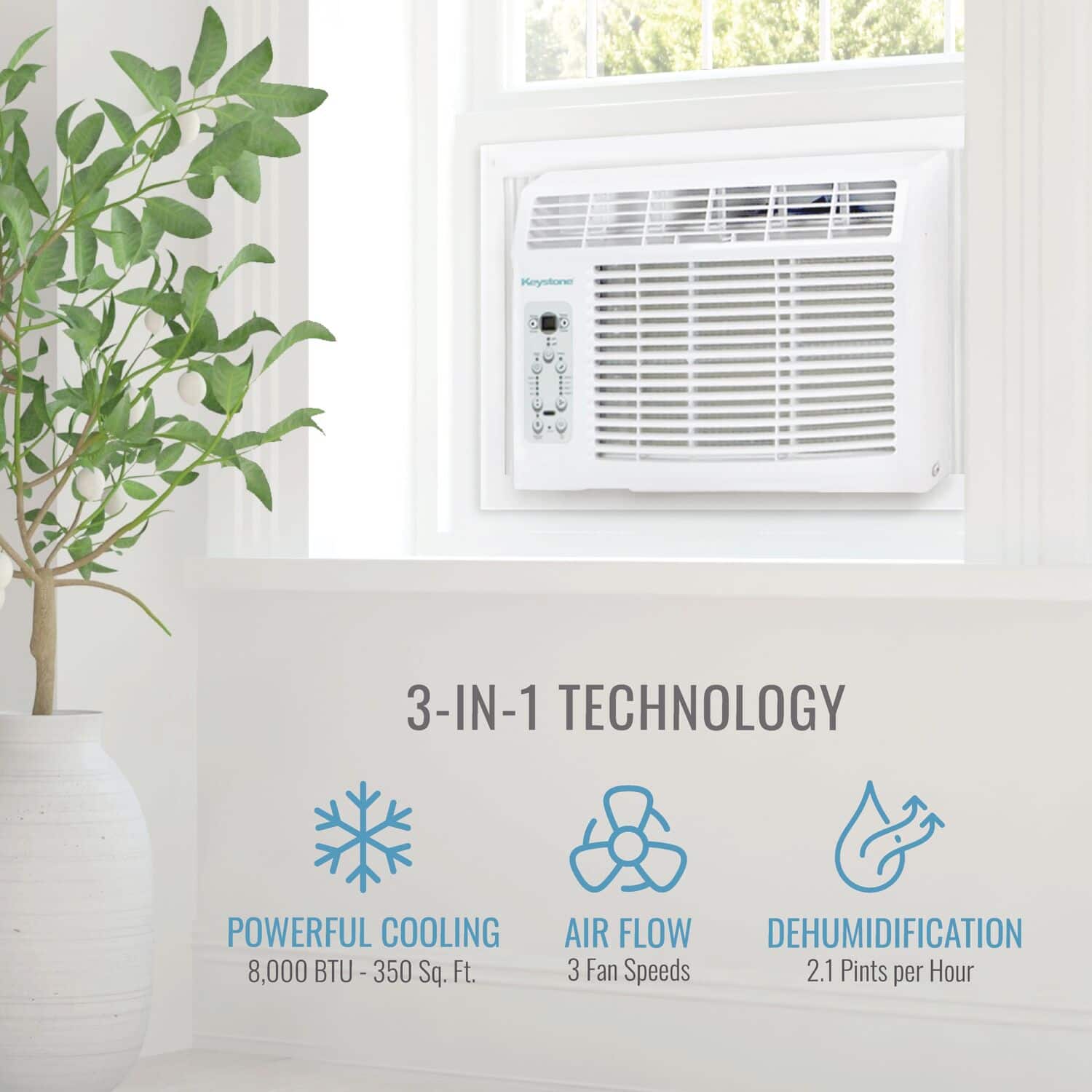 Keystone 3-IN-1 TECHNOLOGY: Powerful Cooling (8,000 BTU - 350 Sq. Ft.), Air Flow, Dehumidification (3 Fan Speeds), 2.1 Pints per Hour.