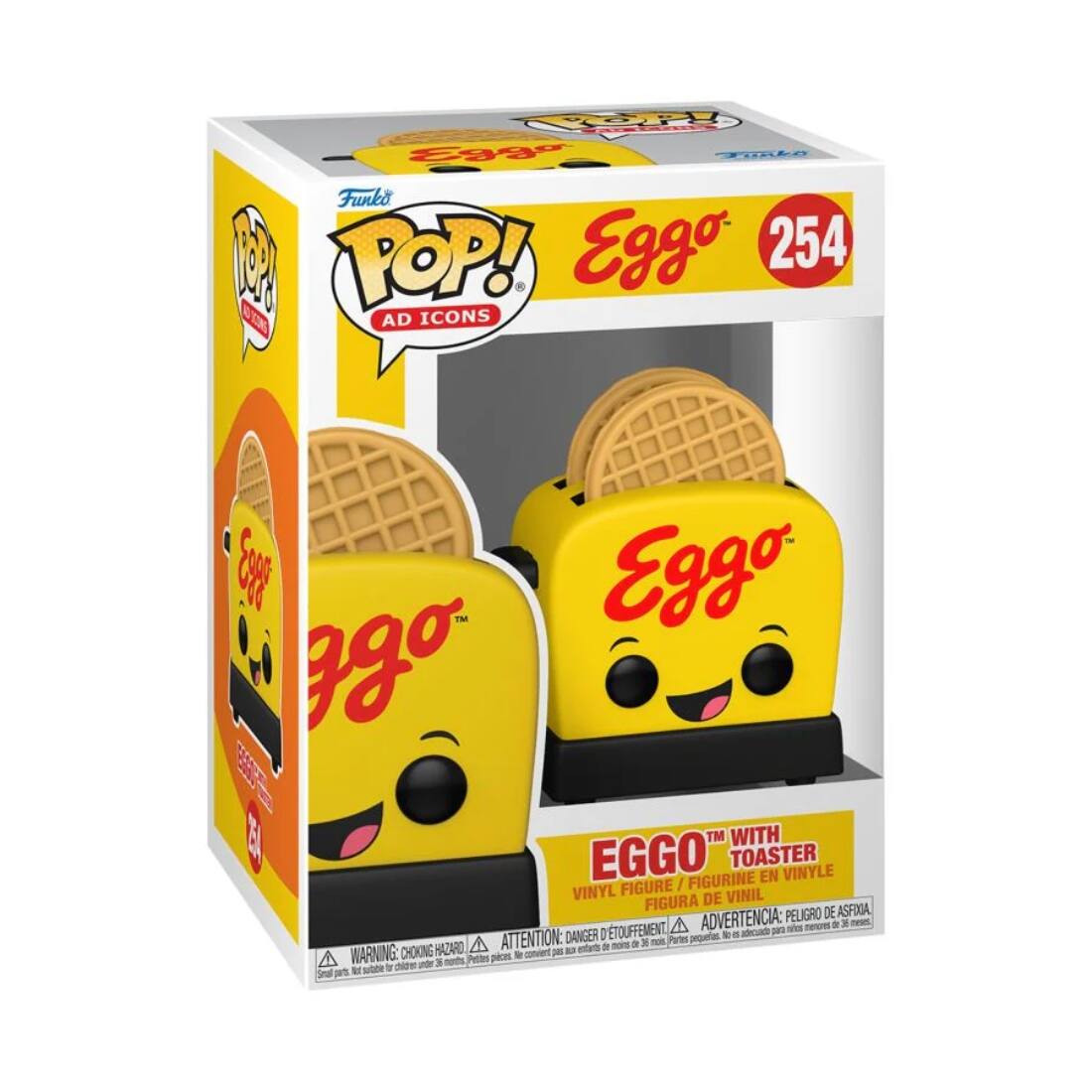 Funko POP!  
AD ICONS  

Eggo  
254  

EGGO™ WITH TOASTER  
VINYL FIGURE / FIGURINE EN VINYLE / FIGURA DE VINIL  

WARNING: CHOKING HAZARD - Small parts. Not for children under 3 years.  
ATTENTION: PELIGRO DE ASFIXIA - Pequeñas piezas. No es adecuado para niños menores de 3 años.