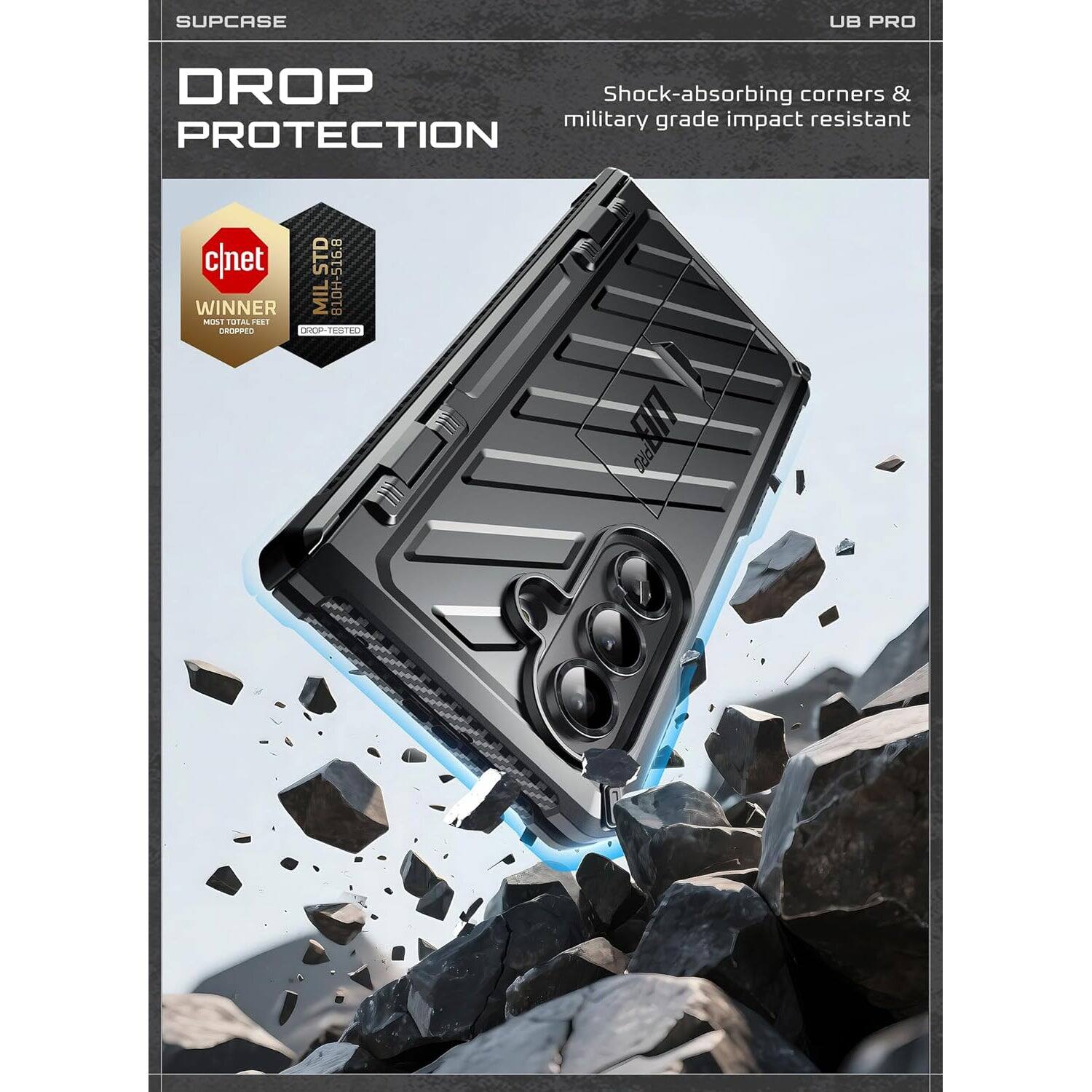 SUPCASE, UB PRO, DROP PROTECTION, Shock-absorbing corners & military grade impact resistant, c/net, STD, WINNER, MIL 810H-516.8, 10 TUFAL F81, CROPPED, A TERTED TO XI