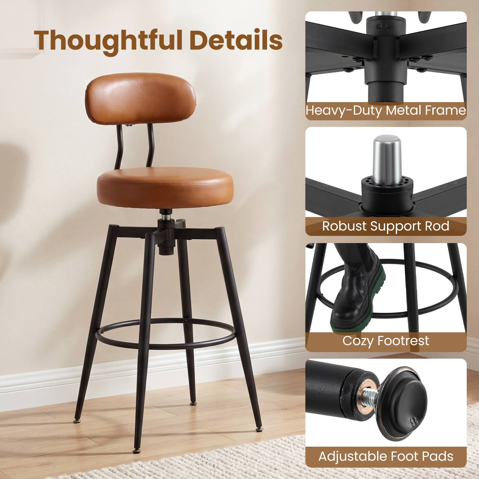 Thoughtful Details

- Heavy-Duty Metal Frame
- Robust Support Rod
- Cozy Footrest
- Adjustable Foot Pads