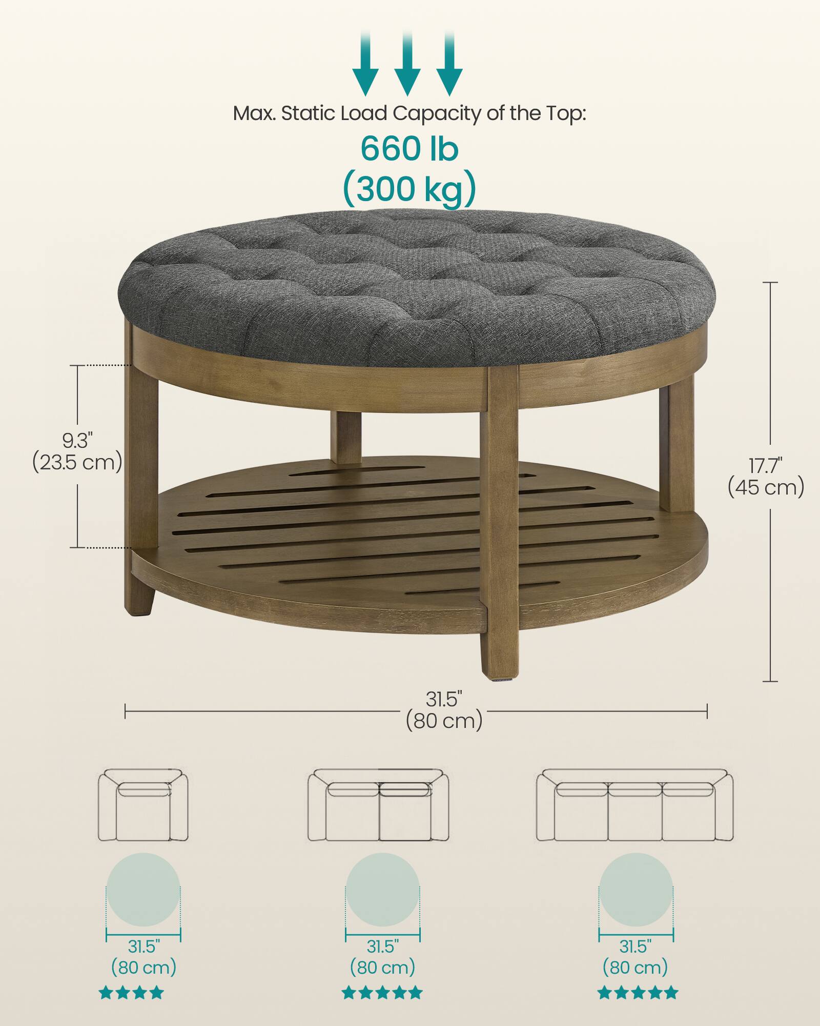 Max. Static Load Capacity of the Top: 660 lb (300 kg)  
9.3" (23.5 cm)  
17.7" (45 cm)  
31.5" (80 cm)