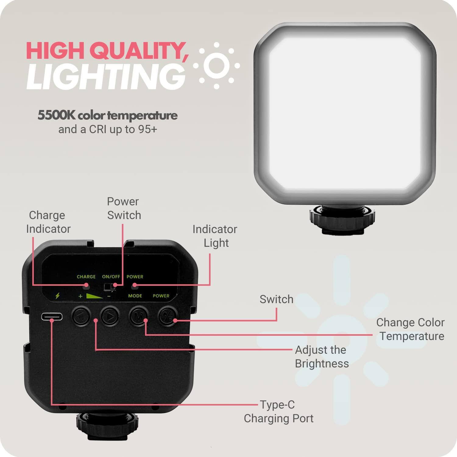 HIGH QUALITY, LIGHTING

5500K color temperature and a CRI up to 95+

- Charge Indicator
- Power Switch
- Indicator Light
- Change Color Temperature
- Adjust the Brightness
- Type-C Charging Port