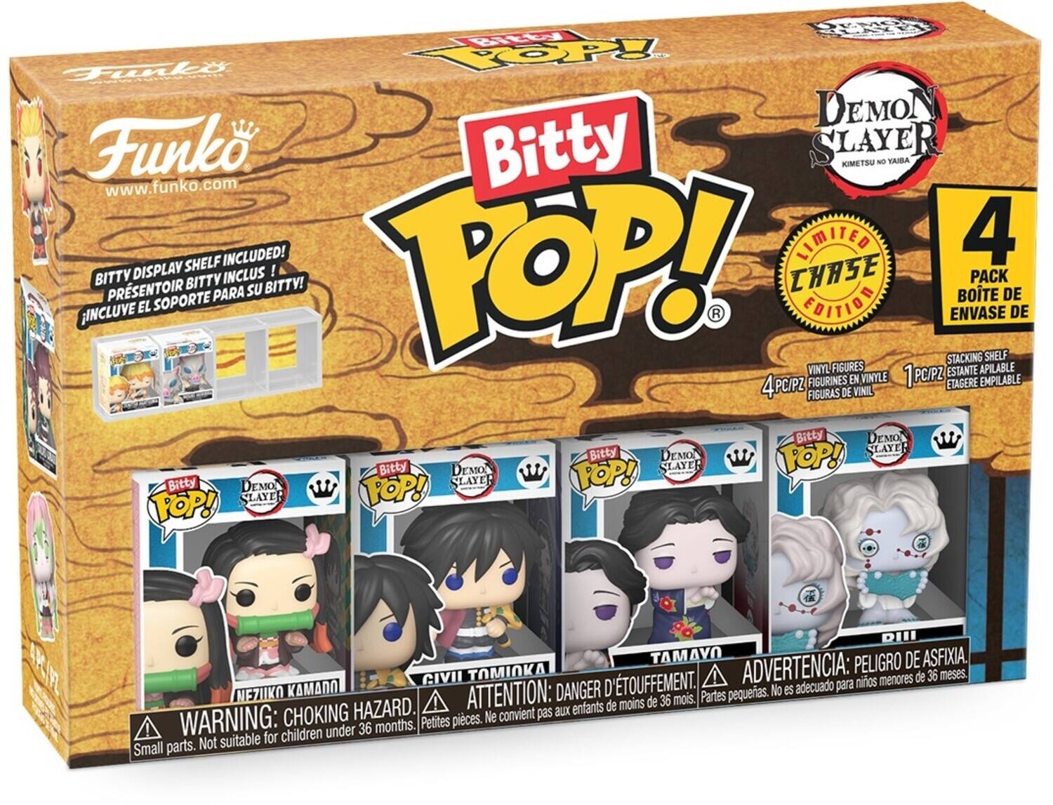 Funko  
www.funko.com  

Bitty POP!  
Demon Slayer  
Kimetsu no Yaiba  

Bitty Display Shelf Included!  
4 Pack Chase Edition  

4 PC/PZ Vinyl Figures  
1 PC/PZ Stacking Shelf  

WARNING: CHOKING HAZARD  
Small parts. Not suitable for children under 36 months.  

ADVERTENCIA: PELIGRO DE ASFIXIA.  
Partes pequeñas. No es adecuado para niños menores de 36 meses.  

ATTENTION: DANGER D'ÉTOUFFEMENT.  
Petites pièces. Ne conviennent pas aux enfants de moins de 36 mois.