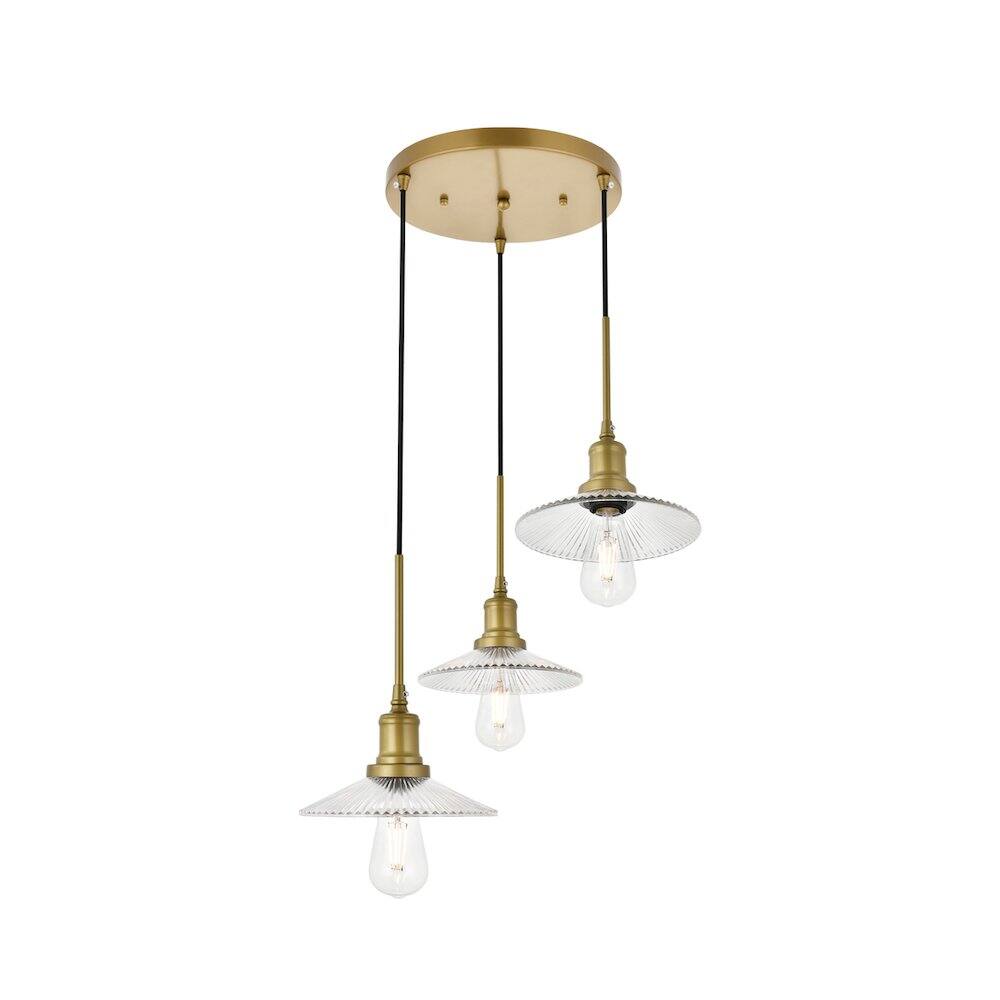 Alt View 4. Living District - Waltz 3 Light Brass Pendant - Brass And Clear.