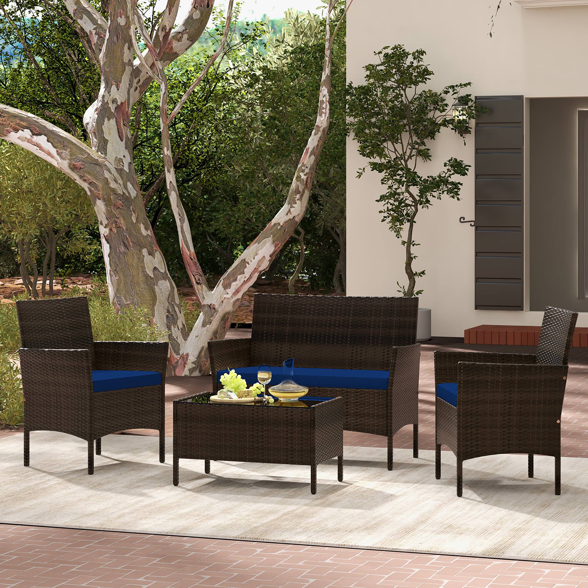 Alt View 4. Gymax - Gymax 4 PCS Patio Rattan Conversation Set Outdoor Wicker Furniture Set w/ Chair & Loveseat - Brown, Navy.