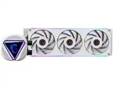 Front. MSI - MAG CORELIQUID C360 V2 WHITE,USA,CA, 3x R series ARGB Fan (All-in-one), ARGB Block, Color Box, Pallet packing - White.