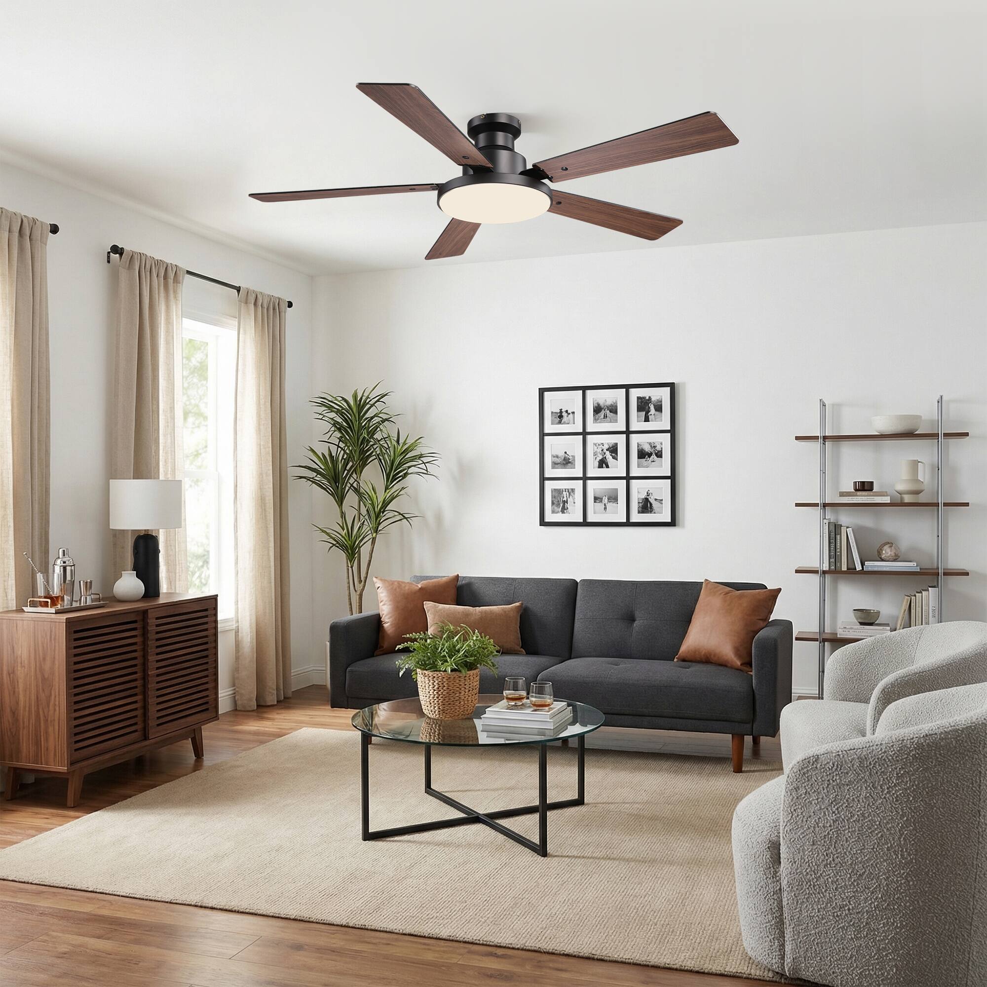 Left. Vaczon - 52" Modern Reversible Blades Flush Mount Smart Ceiling Fan with Dimmable LED Light and Remote, APP Control - Gold.