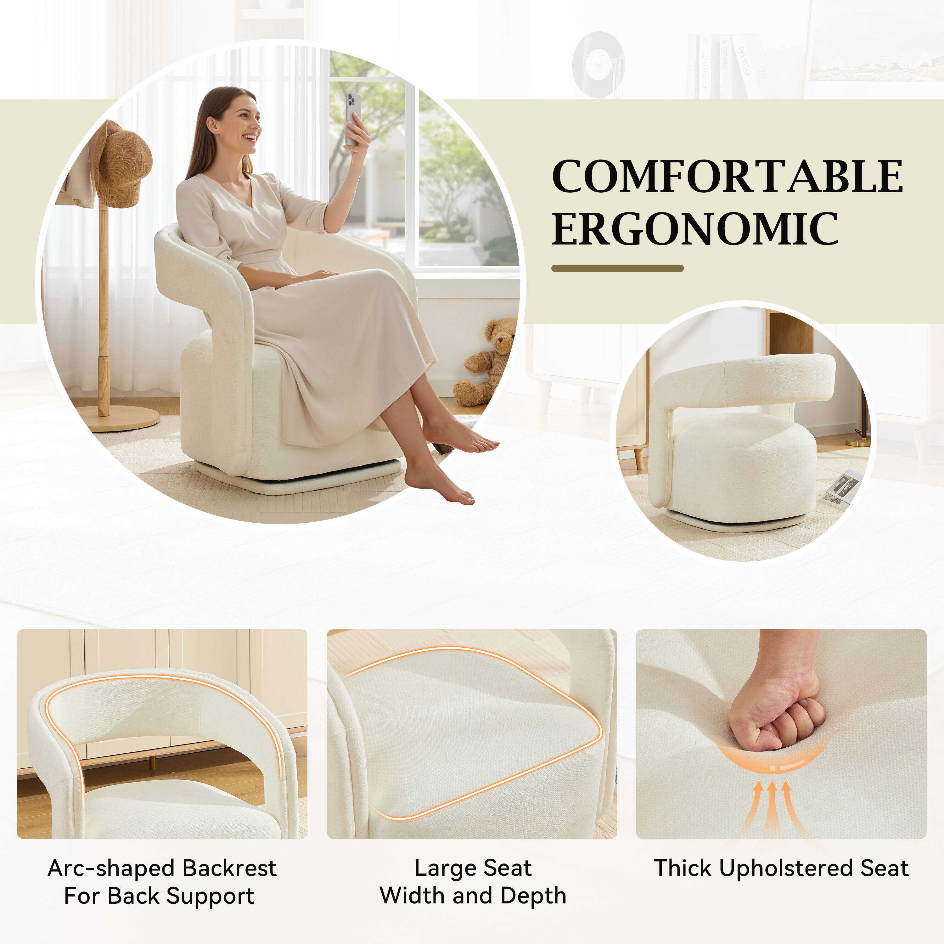COMFORTABLE ERGONOMIC

Arc-shaped Backrest For Back Support
Large Seat Width and Depth
Thick Upholstered Seat