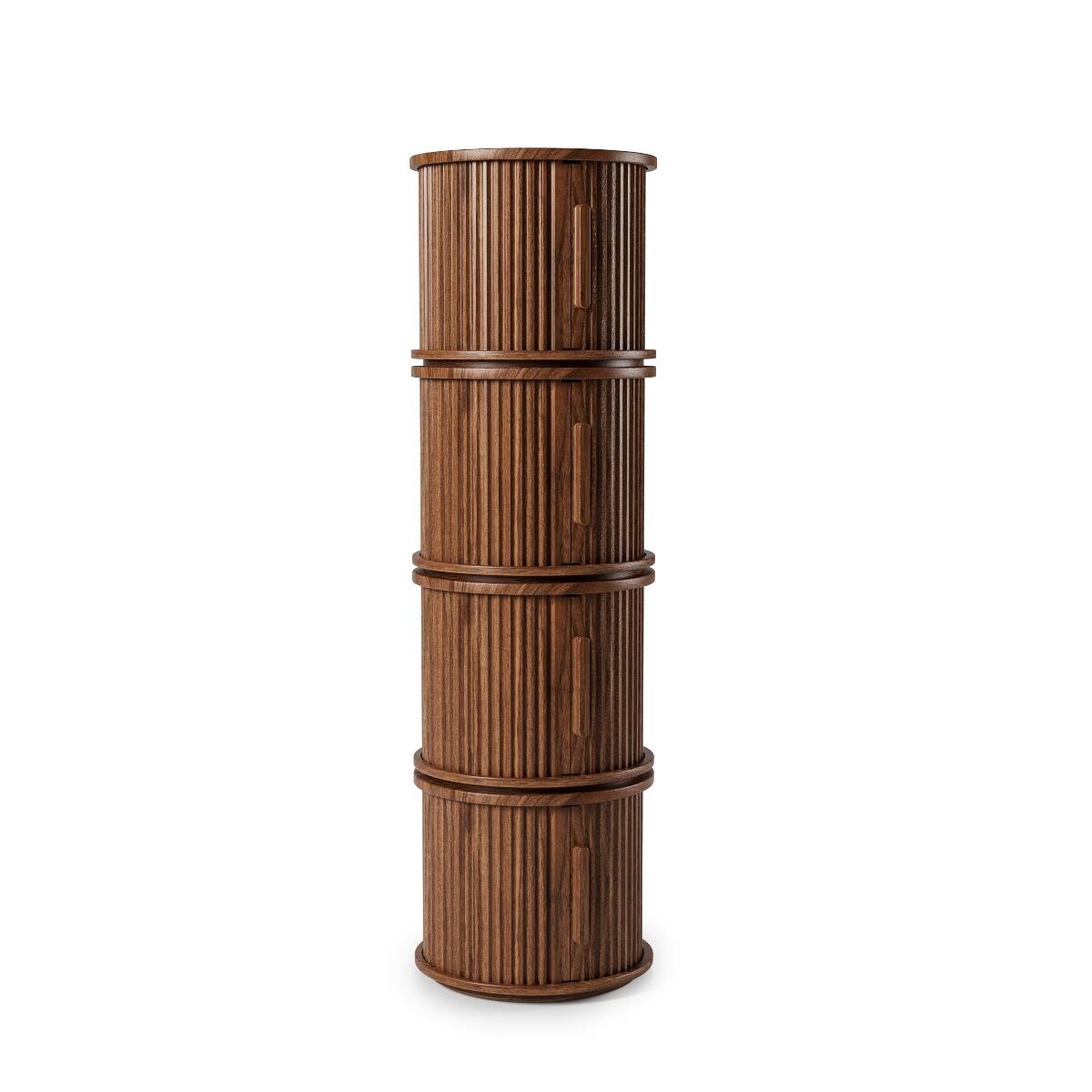 Left. Loheer - Loheer Round Coffee Table Set, Walnut Fluted Sliding Door Storage Tables for Living Room - Walnut.