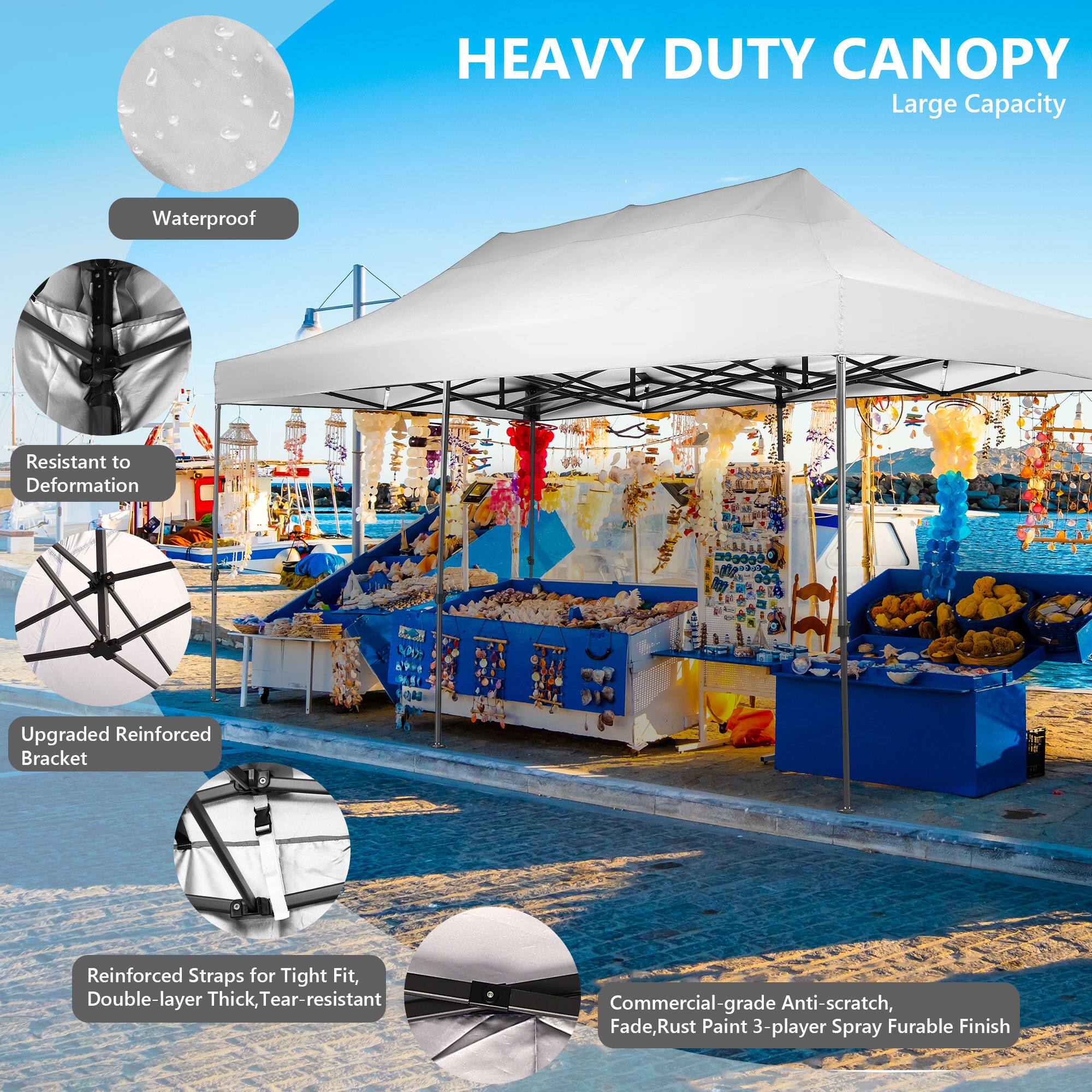 HEAVY DUTY CANOPY Large Capacity Waterproof Resistant to Deformation Upgraded Reinforced Bracket Reinforced Straps for Tight Fit, Double-layer Thick, Tear-resistant Commercial-grade Anti-scratch, Fade, Rust Paint 3-player Spray Furable Finish