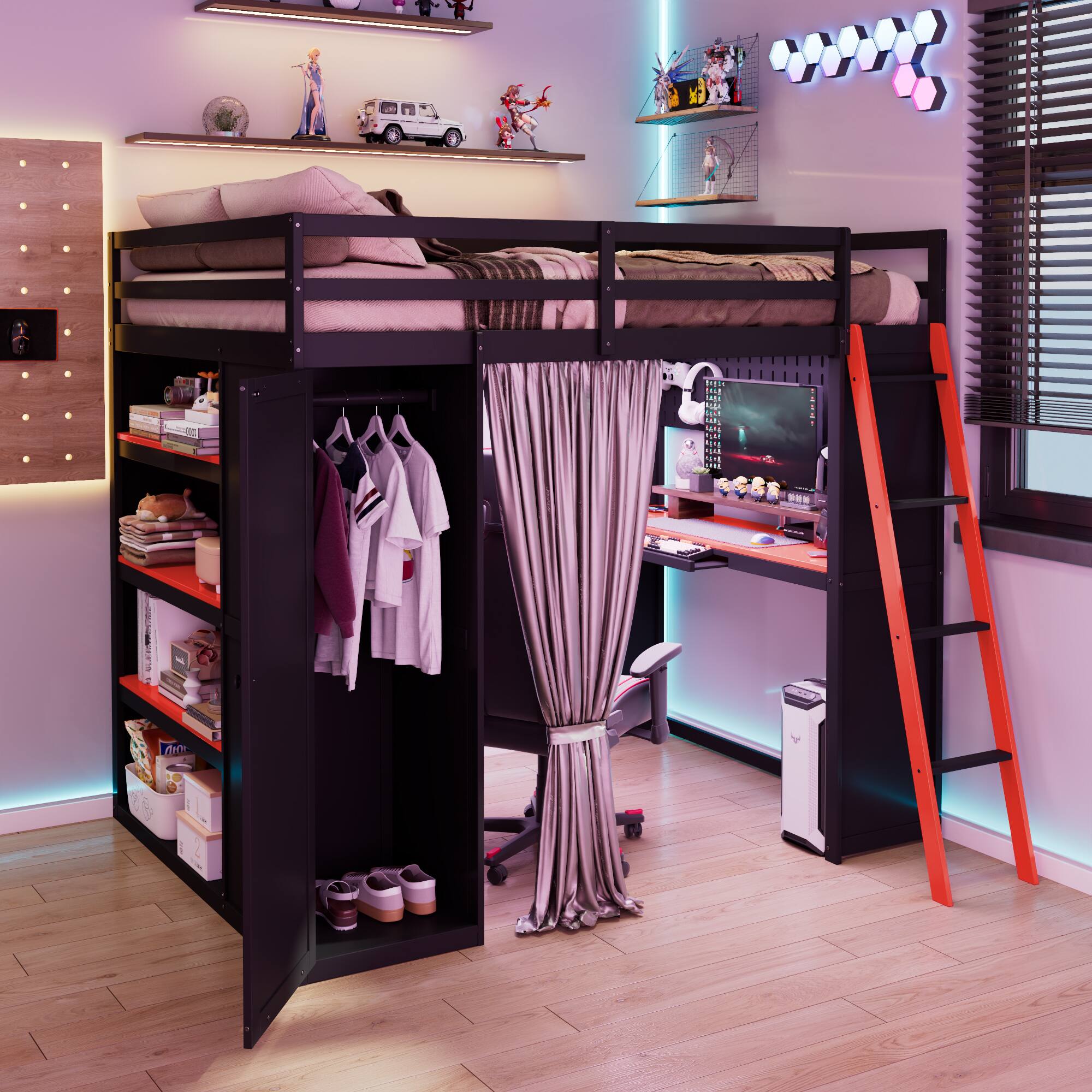 Front. Anysun - Full Size Wood Loft Bed with,Wardrobe,Shelves,Blackout Curtains,and RGB Lights - Red.