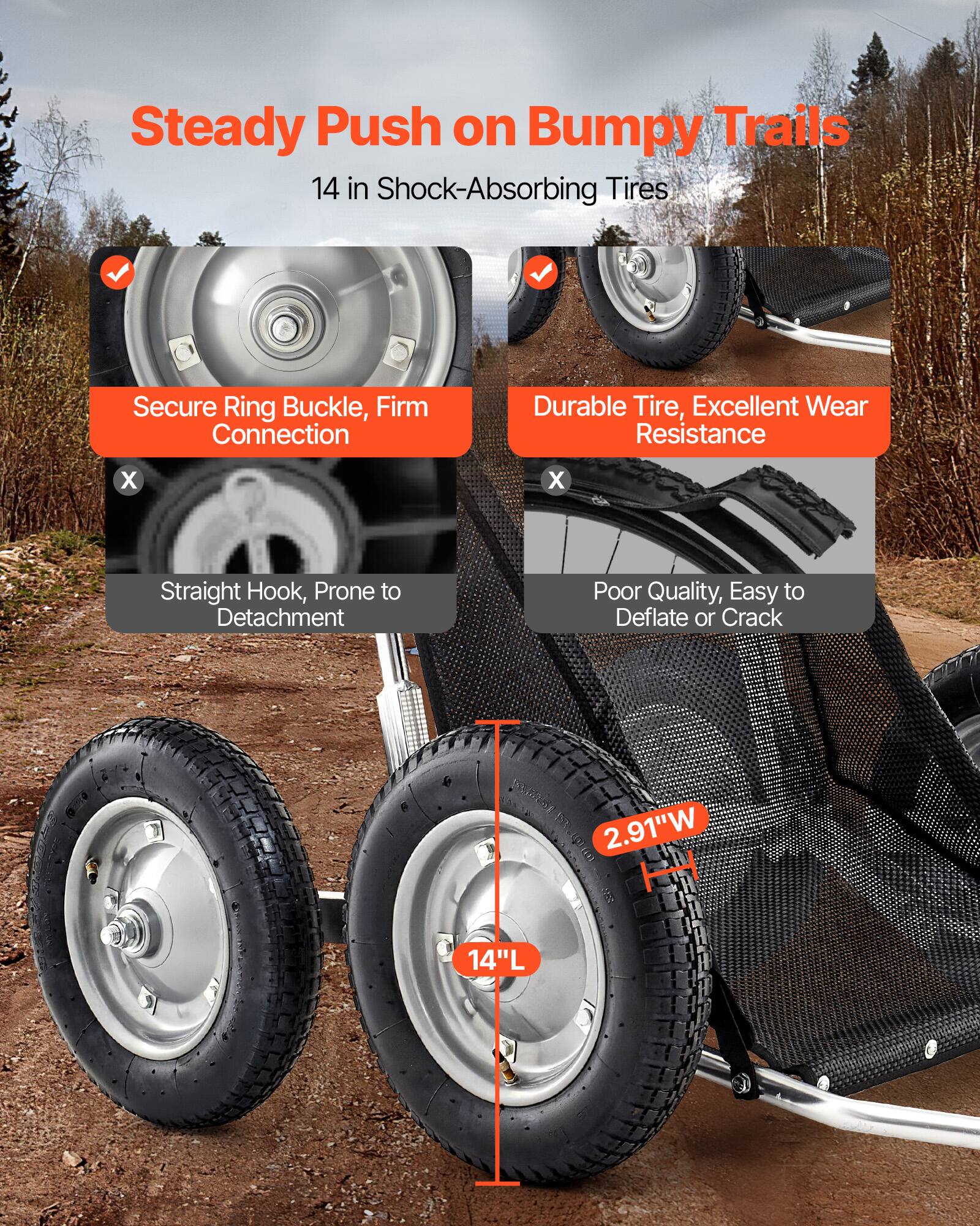 Steady Push on Bumpy Trails  
14 in Shock-Absorbing Tires  

Secure Ring Buckle, Firm Connection  
Durable Tire, Excellent Wear Resistance  

Straight Hook, Prone to Detachment  
Poor Quality, Easy to Deflate or Crack  

2.91"W  
14"L