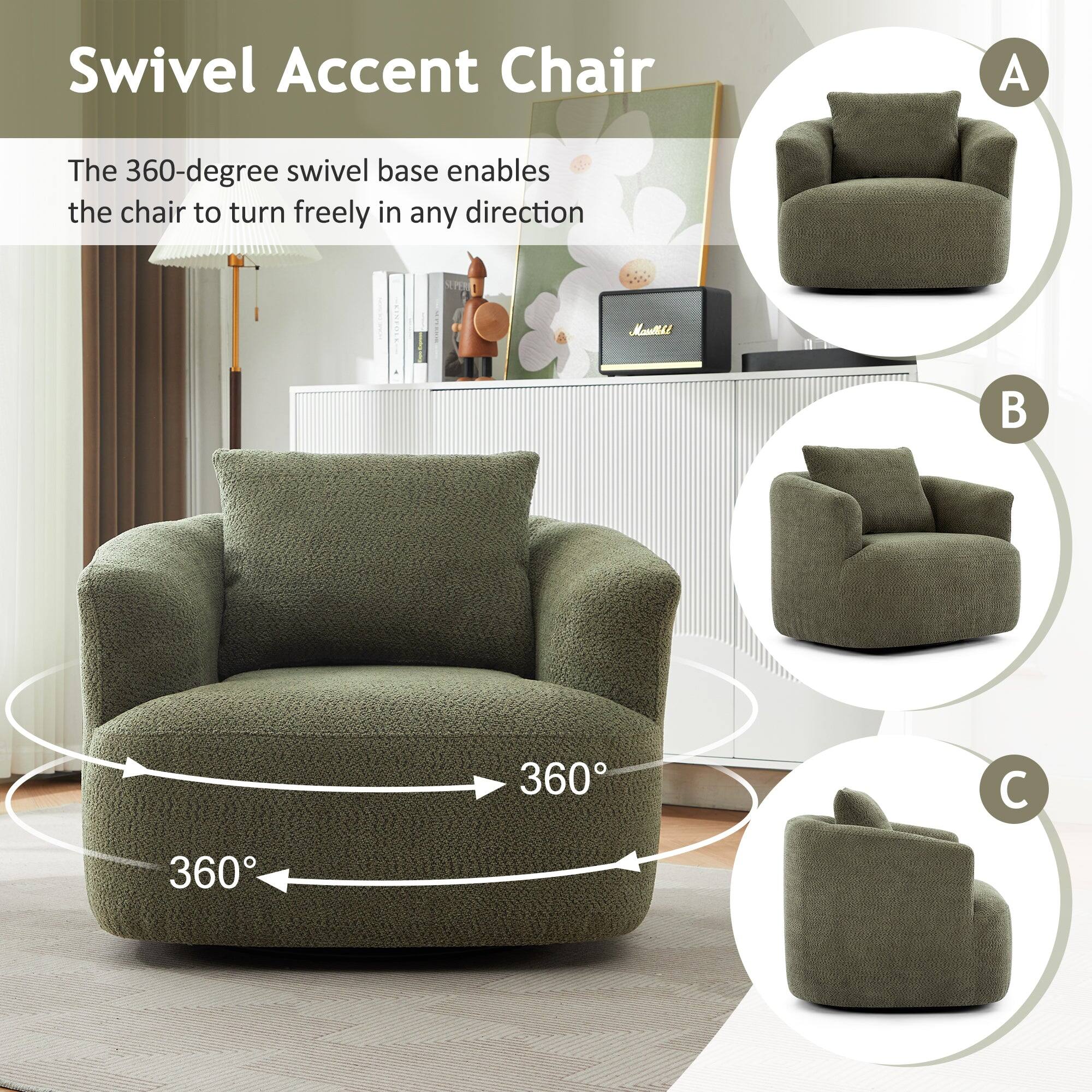 Swivel Accent Chair

The 360-degree swivel base enables the chair to turn freely in any direction.

A
B
C

360°