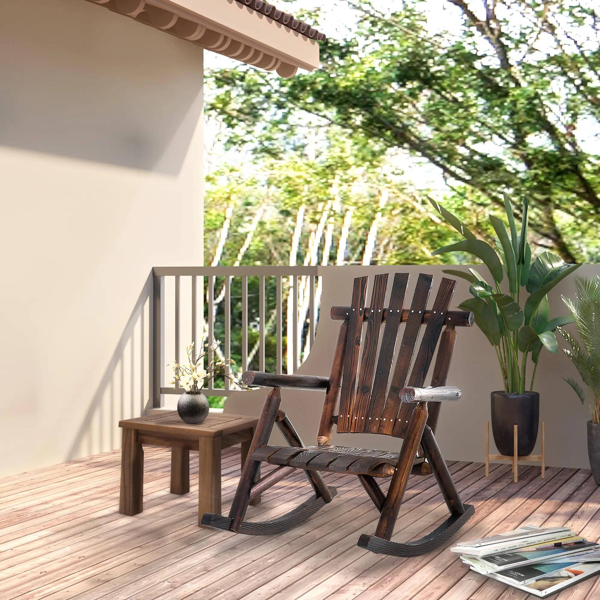 Angle. Resenkos - Resenkos Wooden Adirondack Rocker, Single Person with Slatted Seat, High Back & Armrests, Carbonized - Carbonized.