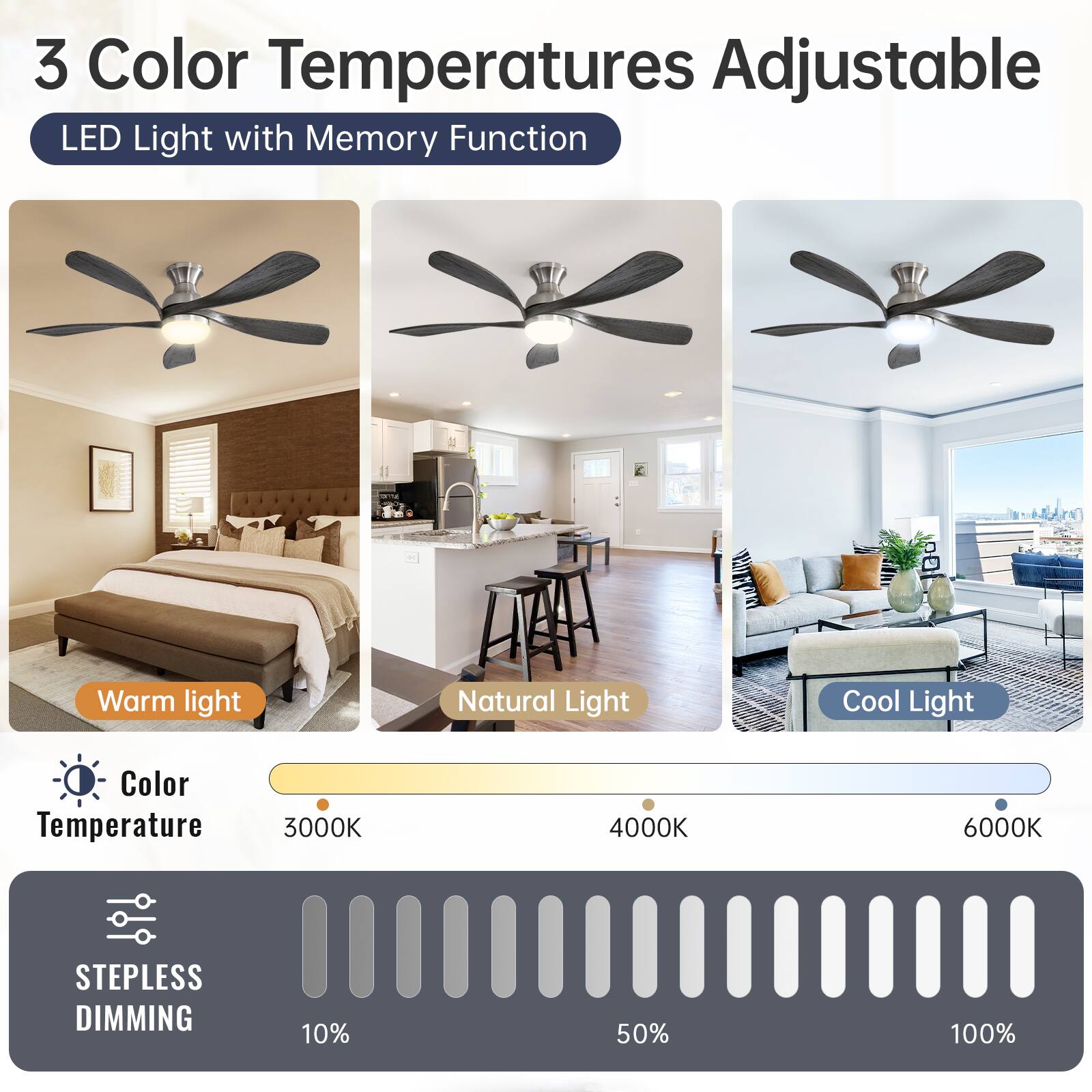3 Color Temperatures Adjustable  
LED Light with Memory Function  

Warm light  
Natural Light  
Cool Light  

Color Temperature  
3000K  
4000K  
6000K  

STEPPLESS DIMMING  
10%  
50%  
100%