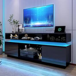 Espafurni - 71" LED TV Stand with Power Outlets, High Gloss & Glass Shelf - Black