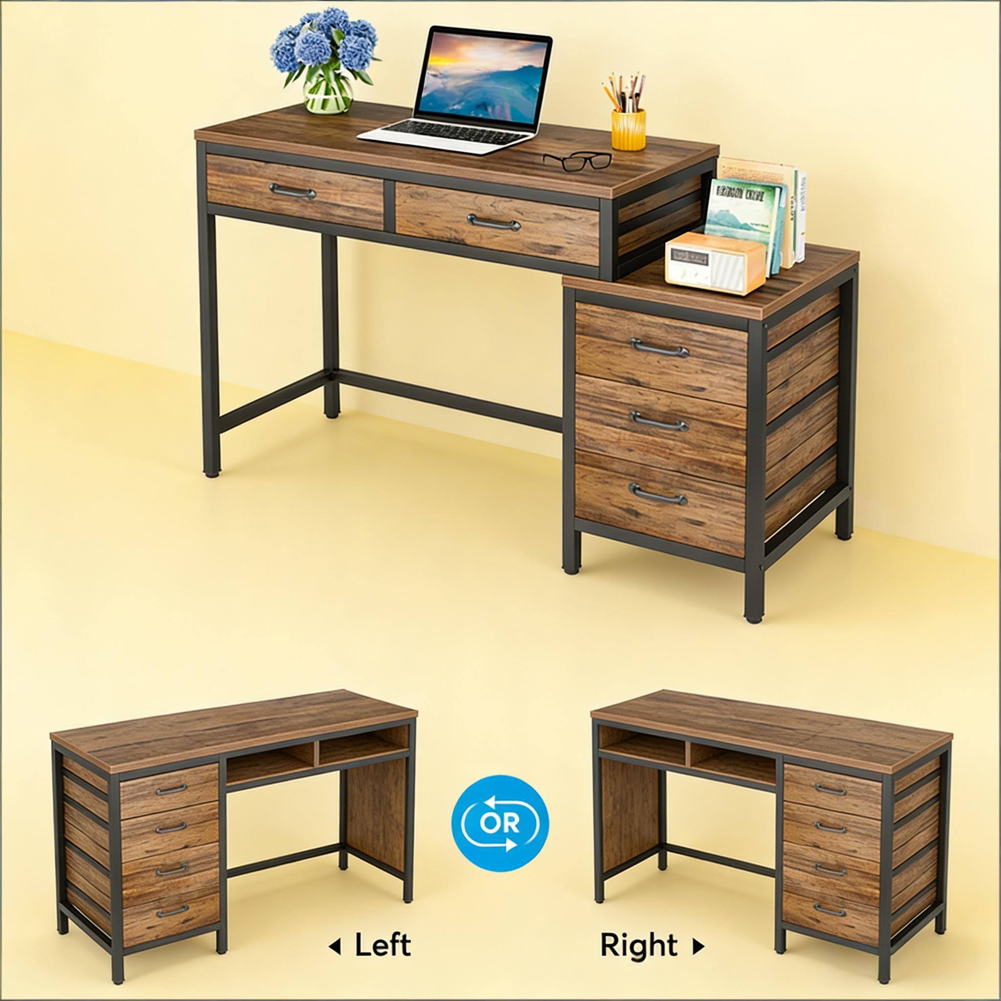 Forest'nSky - Modern Computer Desk with Drawer Cabinet, Writing Table & Spacious Office Workstation - Rustic Brown - Thumbnail 4