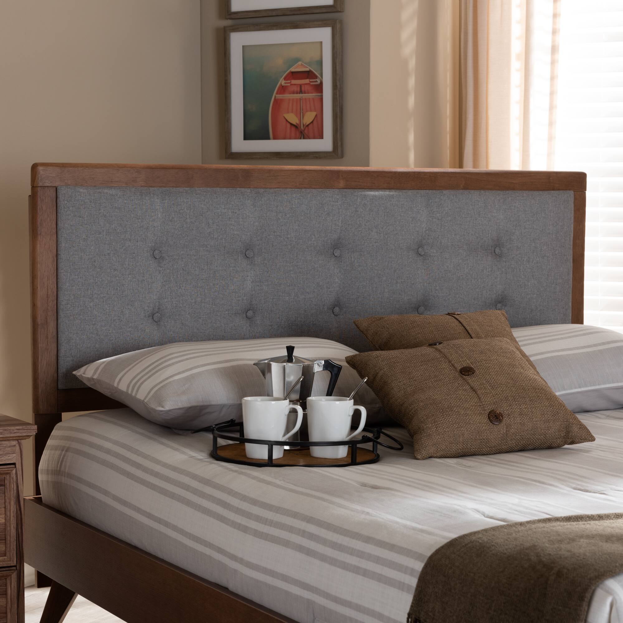 Back. Baxton Studio - Sarine Mid-Century Modern Fabric Upholstered Finished Wood Queen Size Headboard - Gray/Walnut.