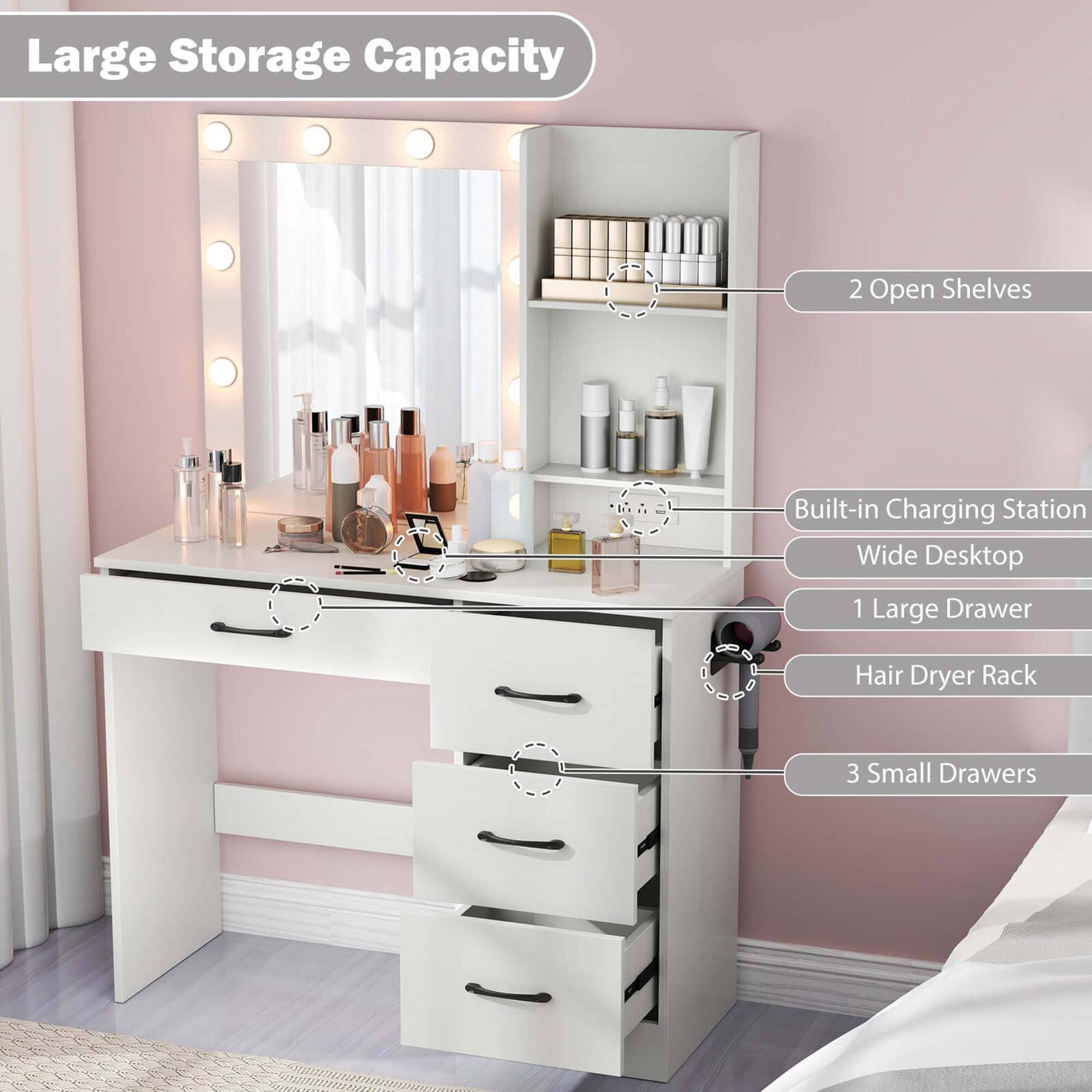 Large Storage Capacity: This dresser has a lot of storage space, making it ideal for organizing personal items.
2 Open Shelves: The dresser features two open shelves, providing additional space for displaying items or storing frequently used items.
Built-in Charging Station: The dresser has a built-in charging station, allowing for easy charging of electronic devices.
Wide Desktop: The dresser has a wide desk top, providing ample space for working or placing items.
1 Large Drawer: The dresser has one large drawer, perfect for storing larger items or seasonal clothing.
Hair Dryer Rack: The dresser also has a hair dryer rack, keeping the hair dryer organized and easily accessible.
3 Small Drawers: The dresser has three small drawers, offering additional storage options for smaller items.