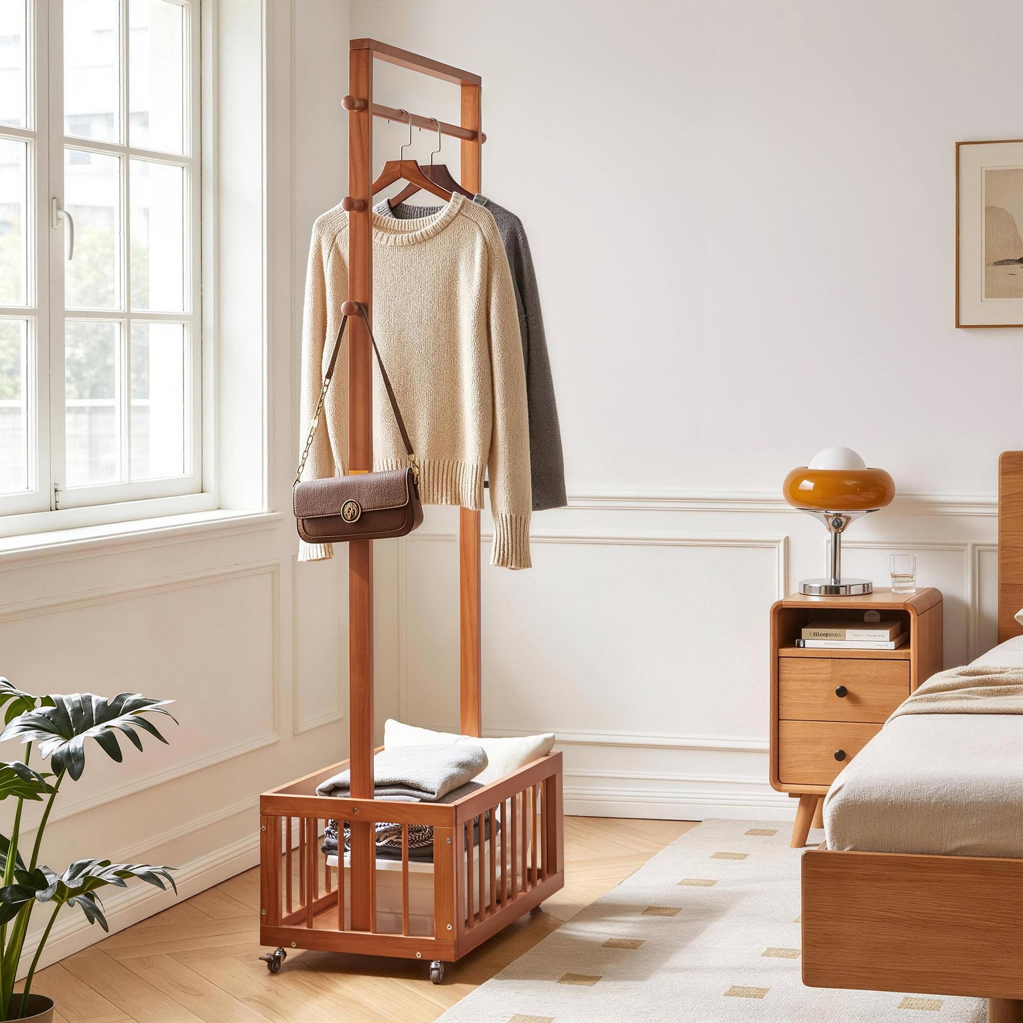 MERAVOM Solid Wood Freestanding Coat Rack with Rolling Wheels & Storage ...