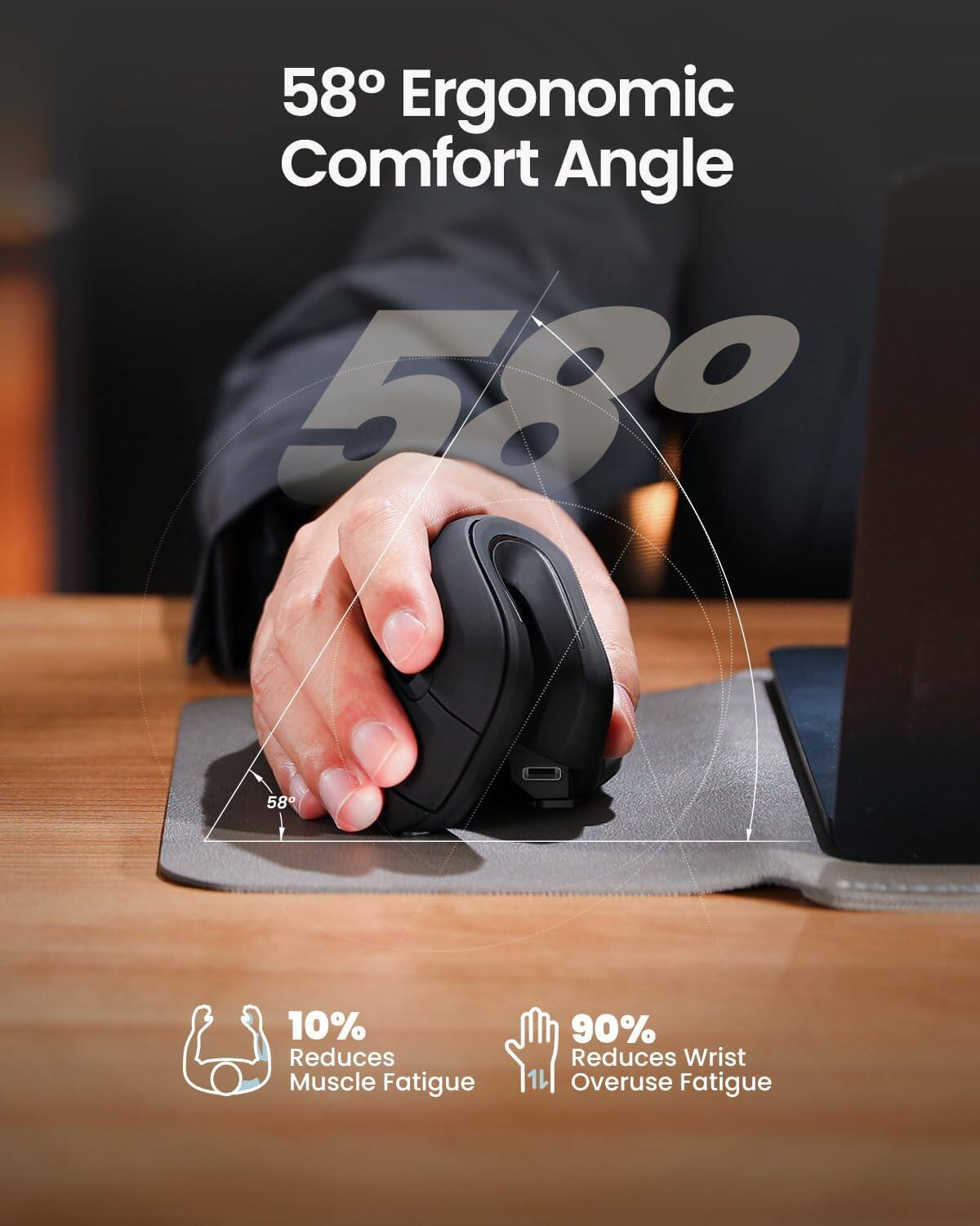 58° Ergonomic Comfort Angle

10% Reduces Muscle Fatigue
90% Reduces Wrist Overuse Fatigue
