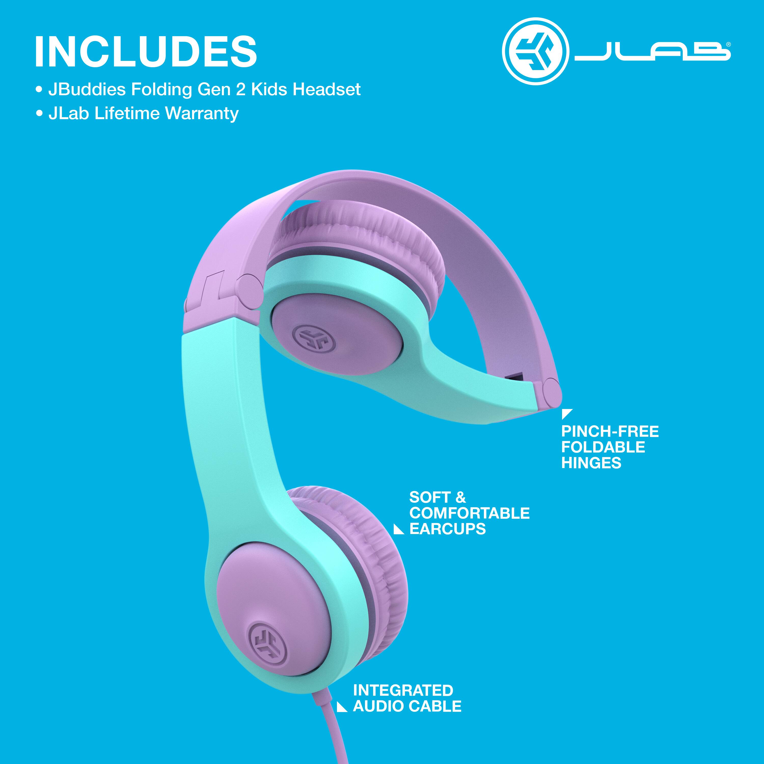 INCLUDES  
- JBuddies Folding Gen 2 Kids Headset  
- JLab Lifetime Warranty  

PINCH-FREE FOLDABLE HINGES  
SOFT & COMFORTABLE EAR CUPS  
INTEGRATED AUDIO CABLE