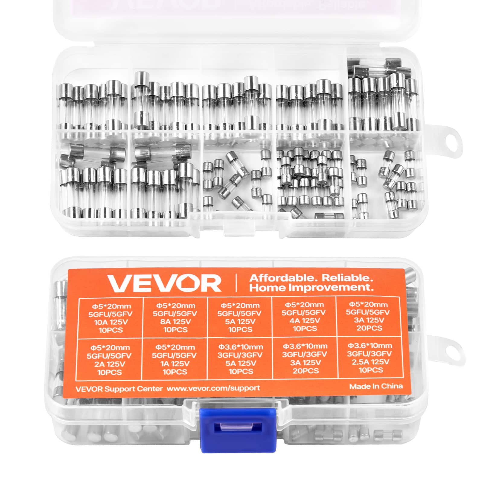 VEVOR - Fast-Blow Glass Fuses Assortment Kit,120 Pcs 125 Volt,5 x 20 mm 1A 2A 3A 4A 5A 8A 10A,3.6 x 10 mm 2.5A 3A 5A Tube Fuses - Sliver,Transparent