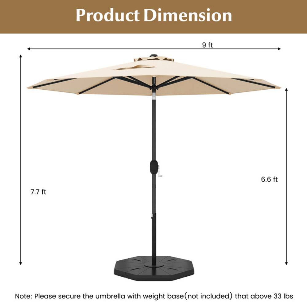 Product Dimension  
9 ft  
6.6 ft  
7.7 ft  

Note: Please secure the umbrella with weight base (not included) that above 33 lbs