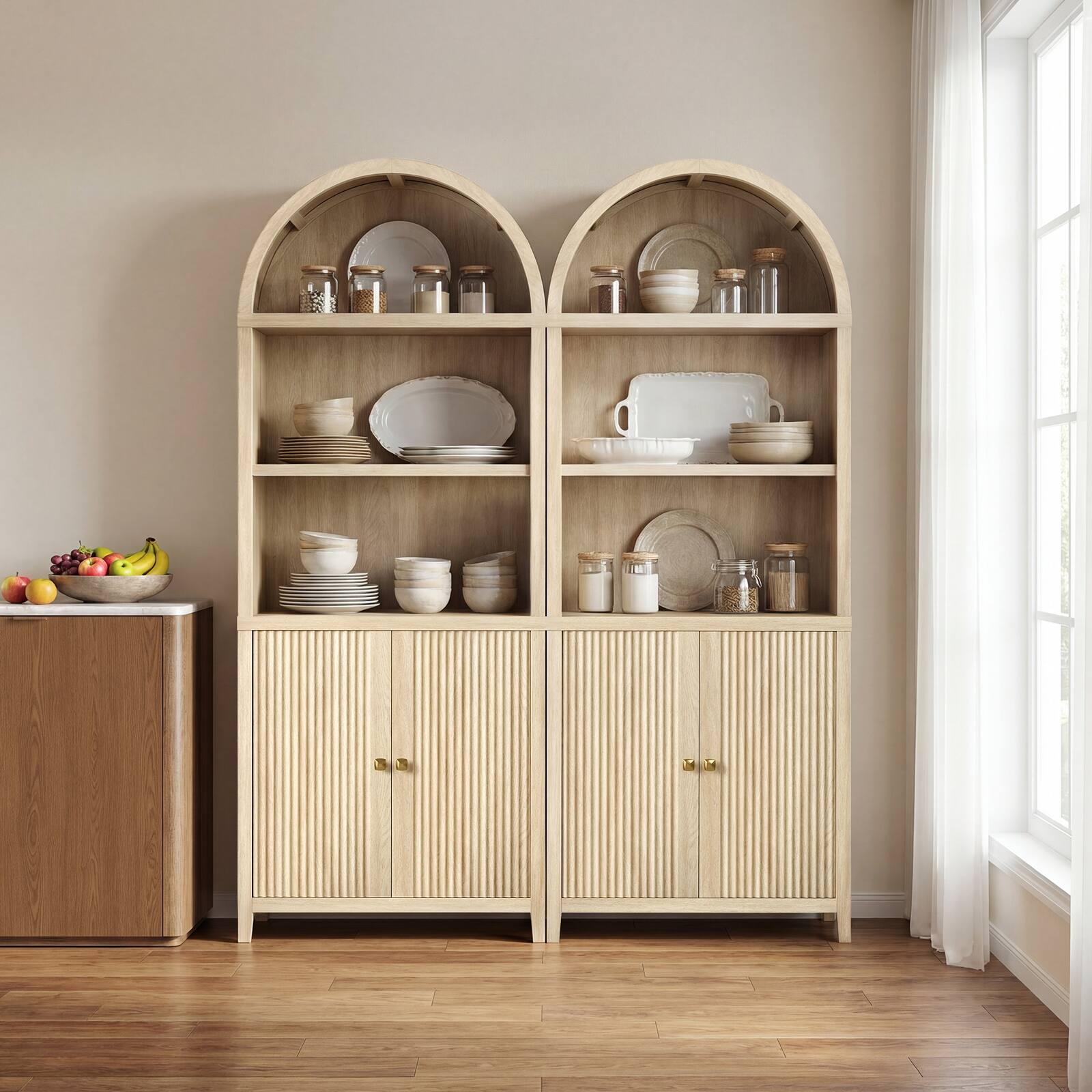 Alt View 2. ModernMate - 76" Tall Arched Bookcase Modern Wood Fluted Storage Bookshelf with Adjustable Shelves and 2 Doors - Natural Oak.