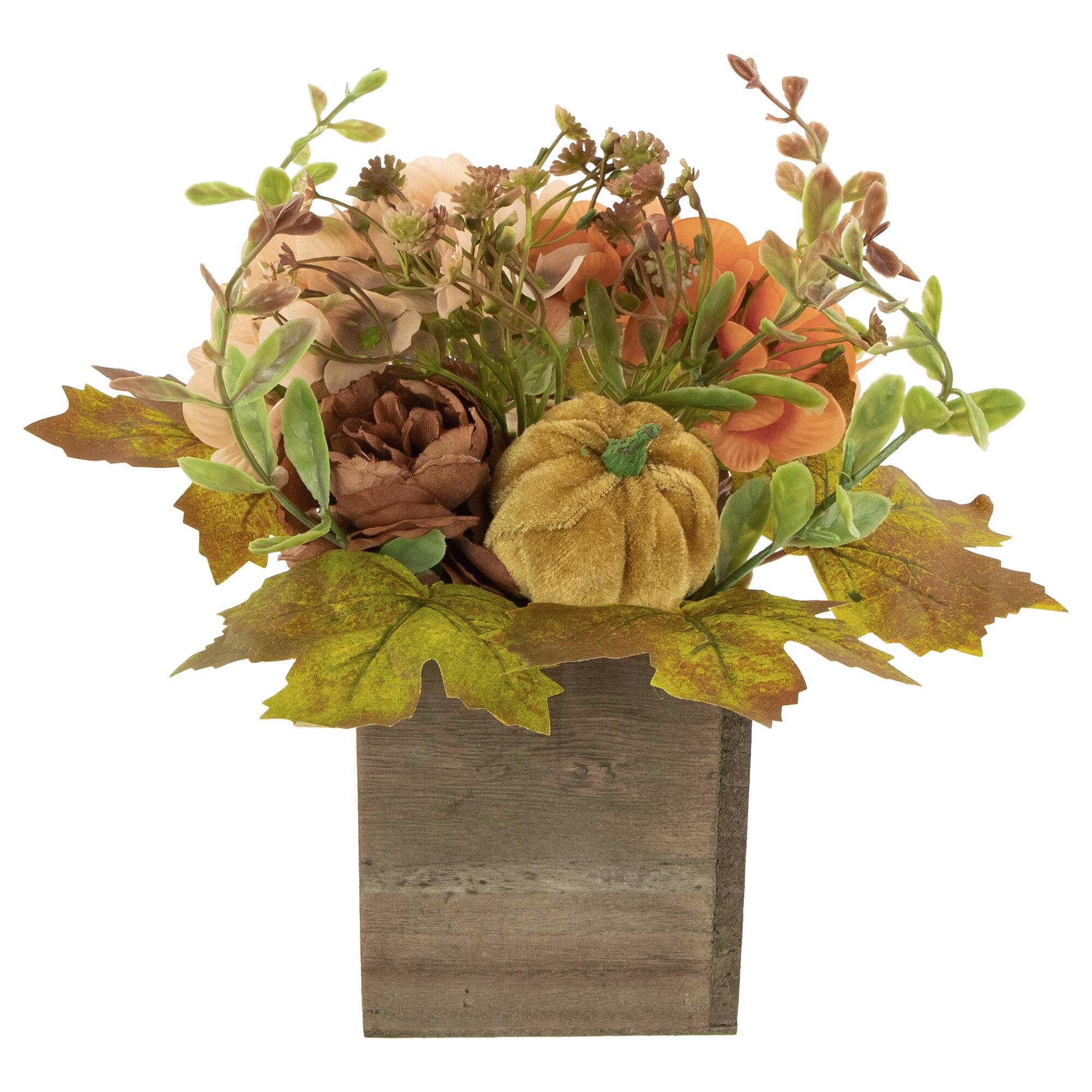 Front. Northlight - Floral and Pumpkin Wooden Box Fall Harvest Decoration - 10" x 8" - Orange and Brown - Orange.